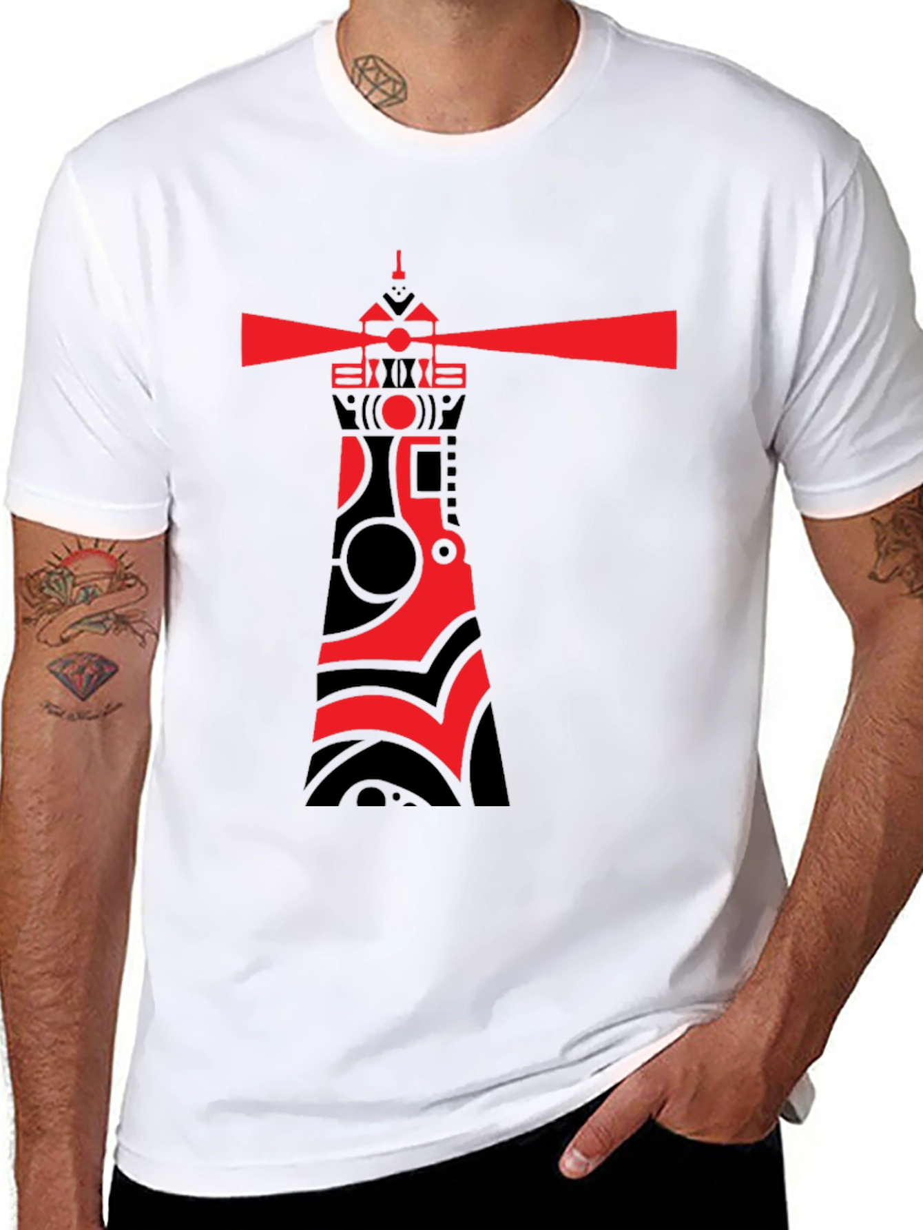 Red Lighthouse Graphic Tee - Stylish Black Cotton T-Shirt