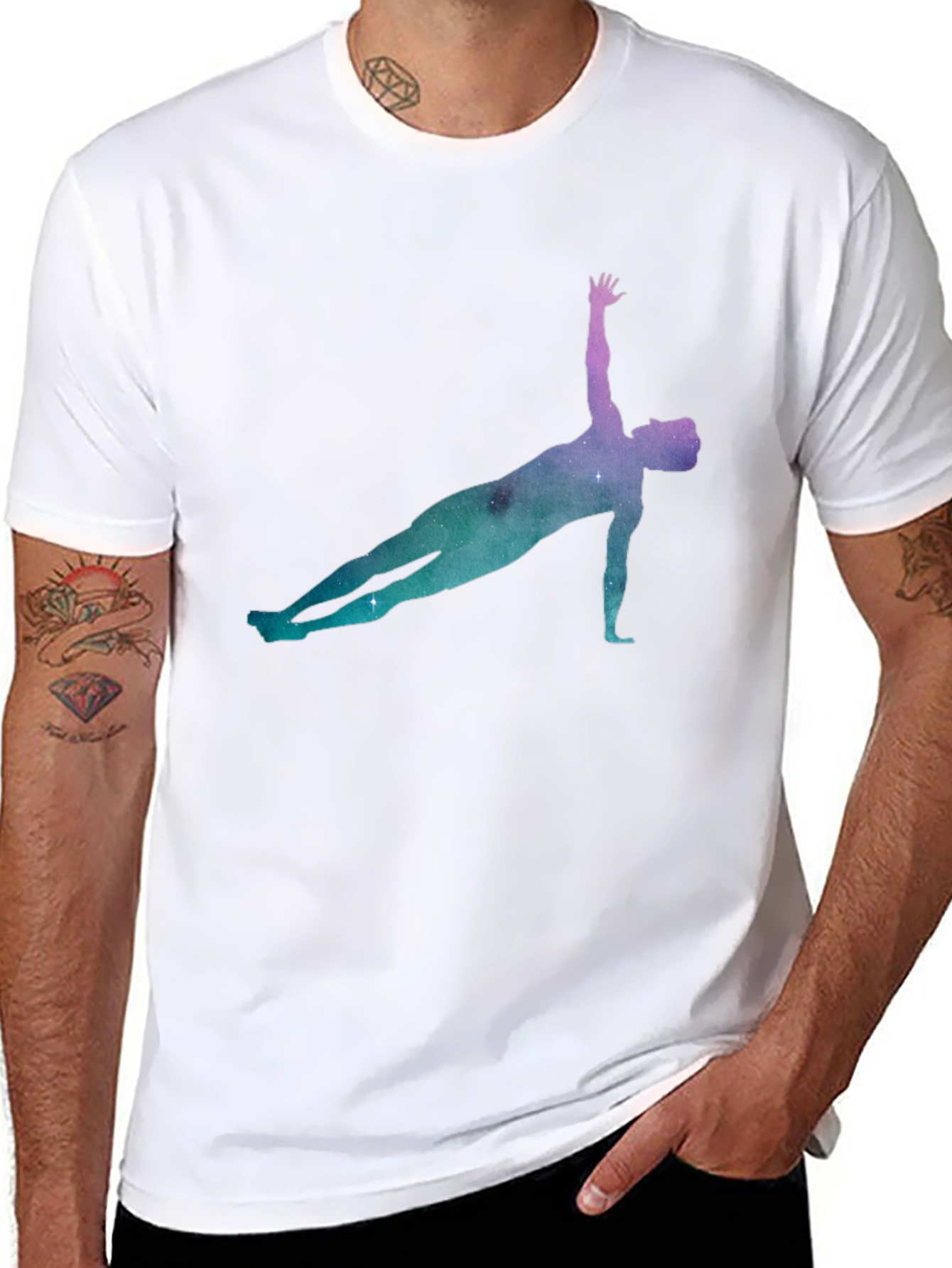 Yoga Pose Galaxy Print Black T-Shirt