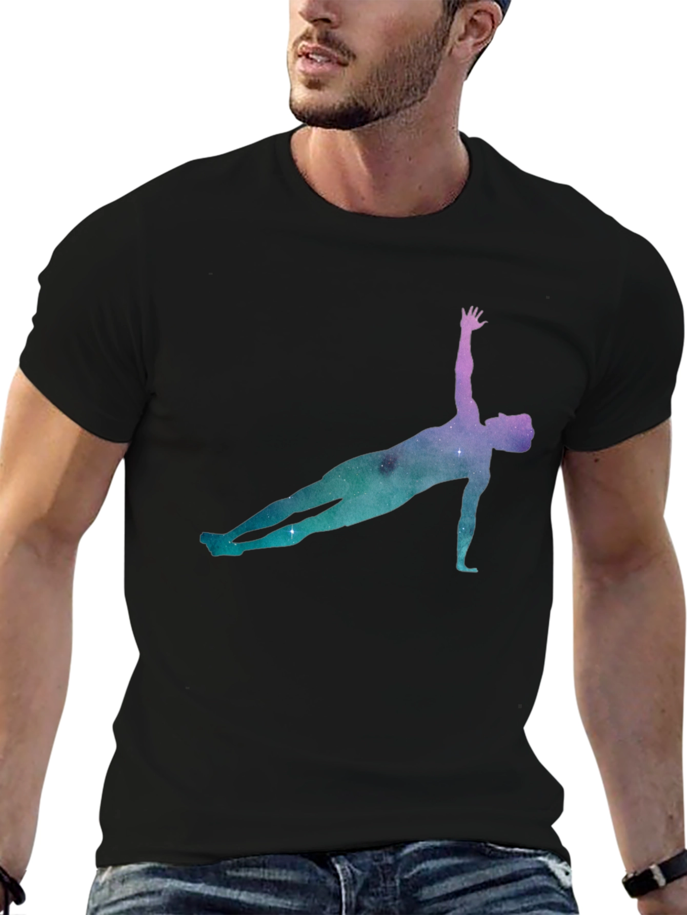 Yoga Pose Galaxy Print Black T-Shirt