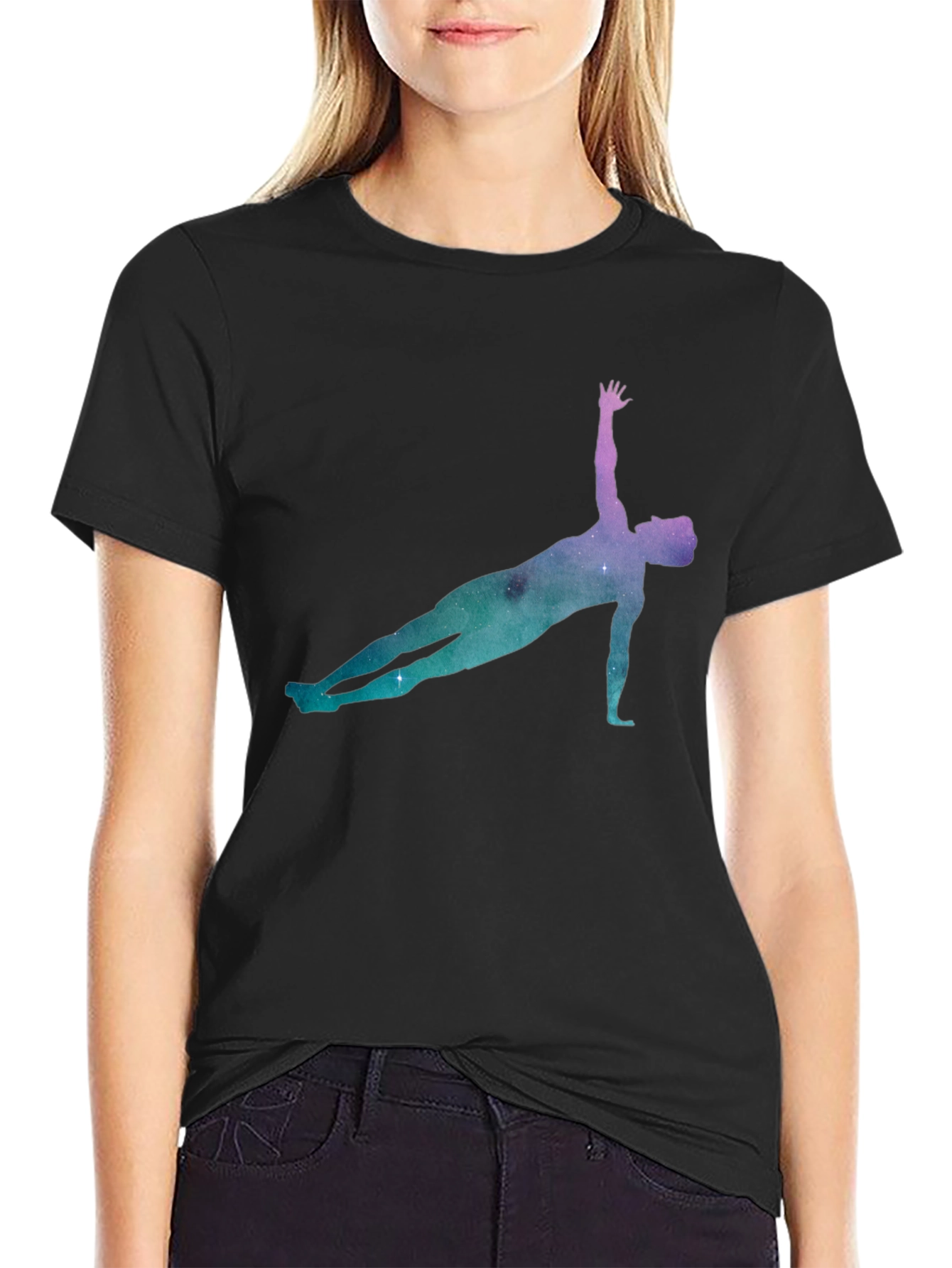 Yoga Pose Galaxy Print Black T-Shirt