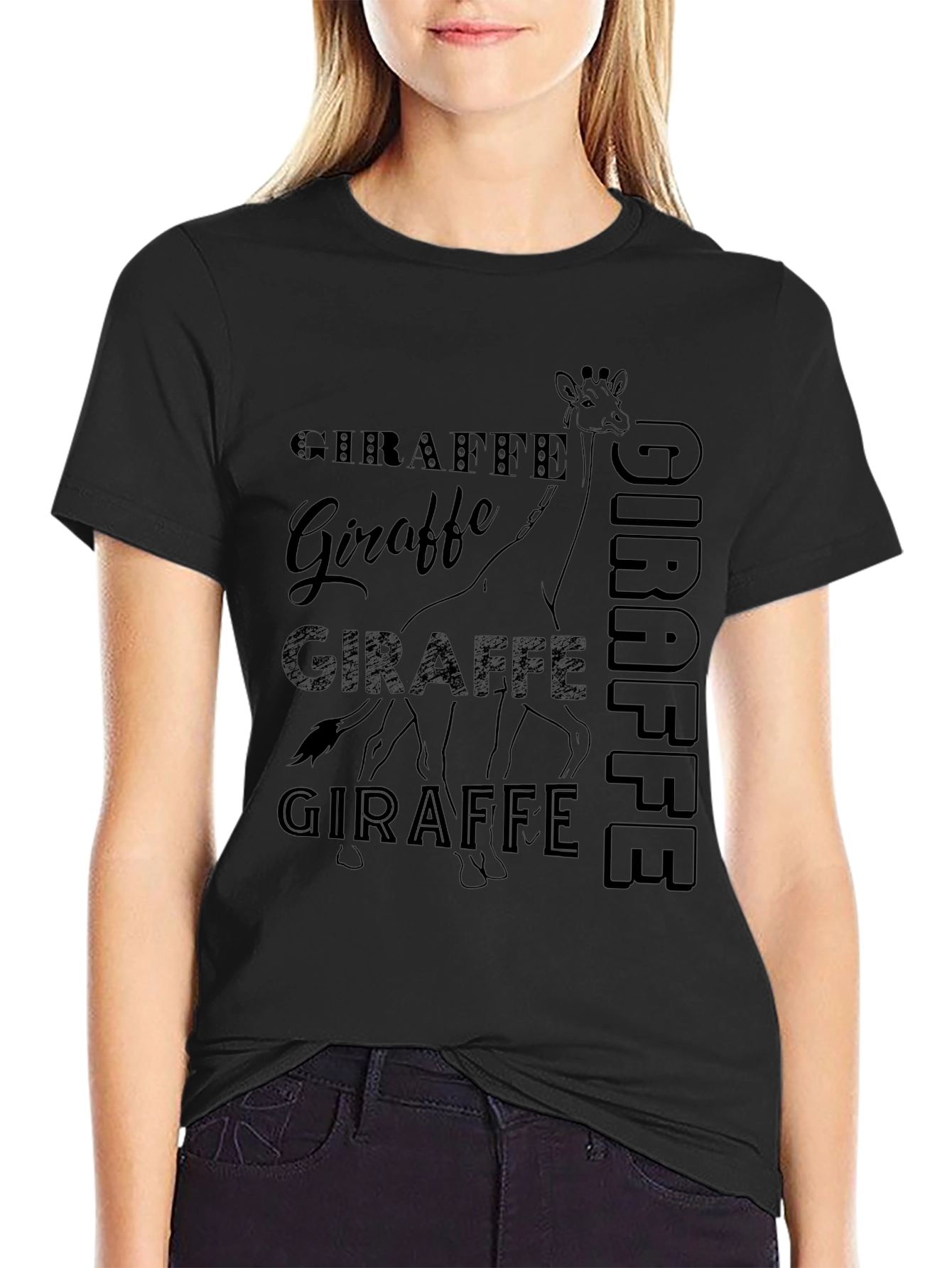 Giraffe Print Black Graphic Tee Shirt