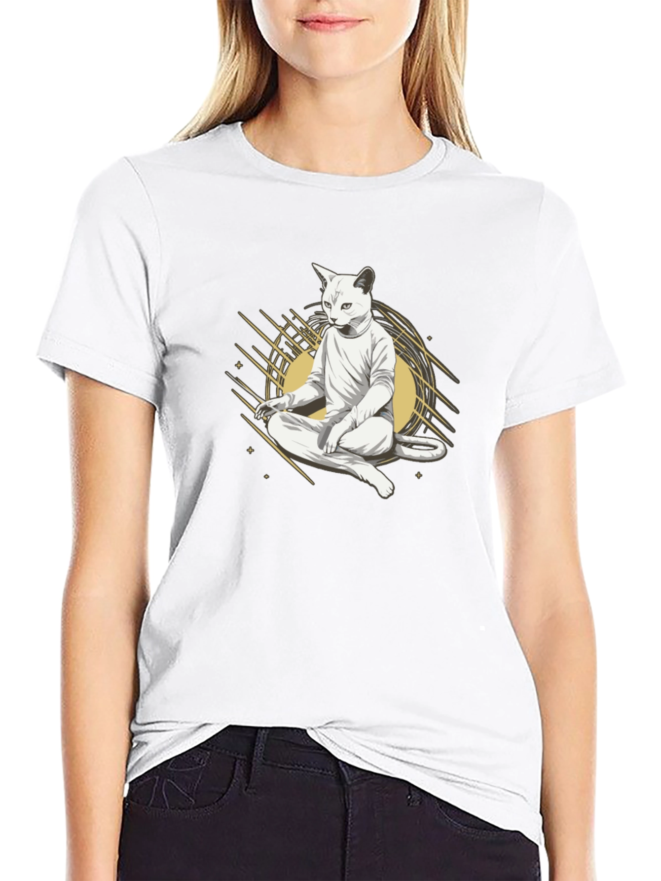 Zen Cat Meditation T-Shirt - Black Cotton Tee