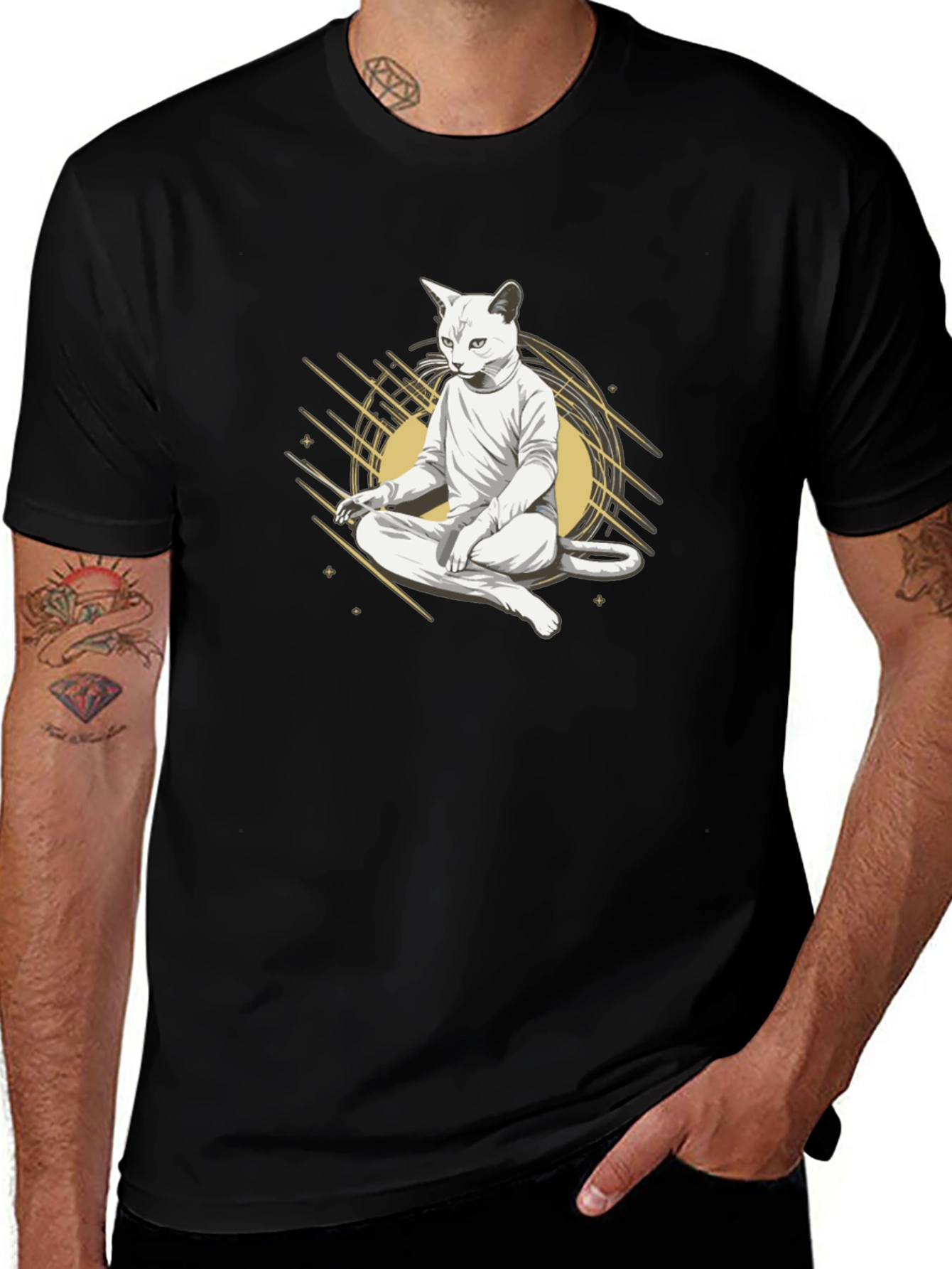 Zen Cat Meditation T-Shirt - Black Cotton Tee