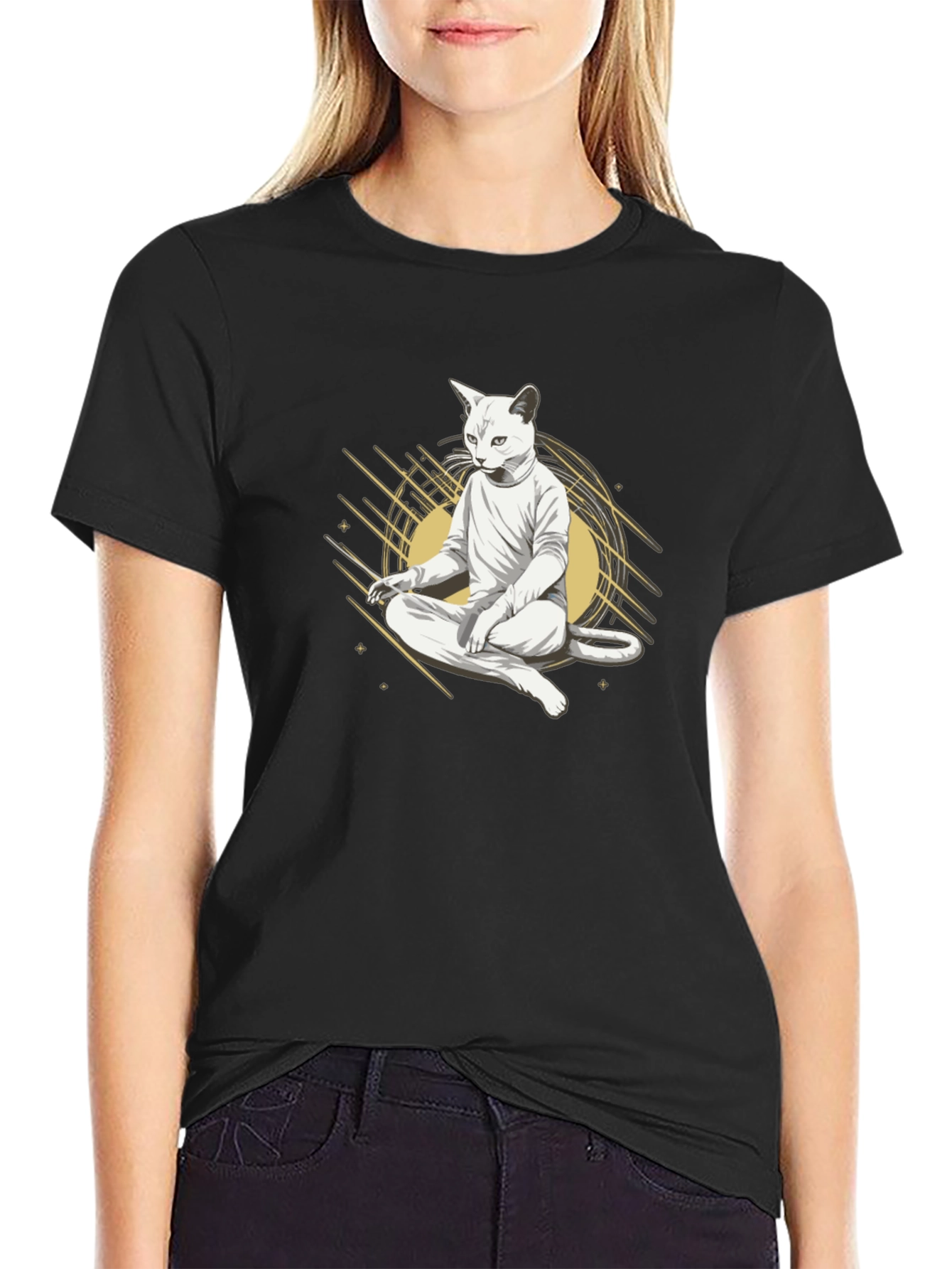 Zen Cat Meditation T-Shirt - Black Cotton Tee
