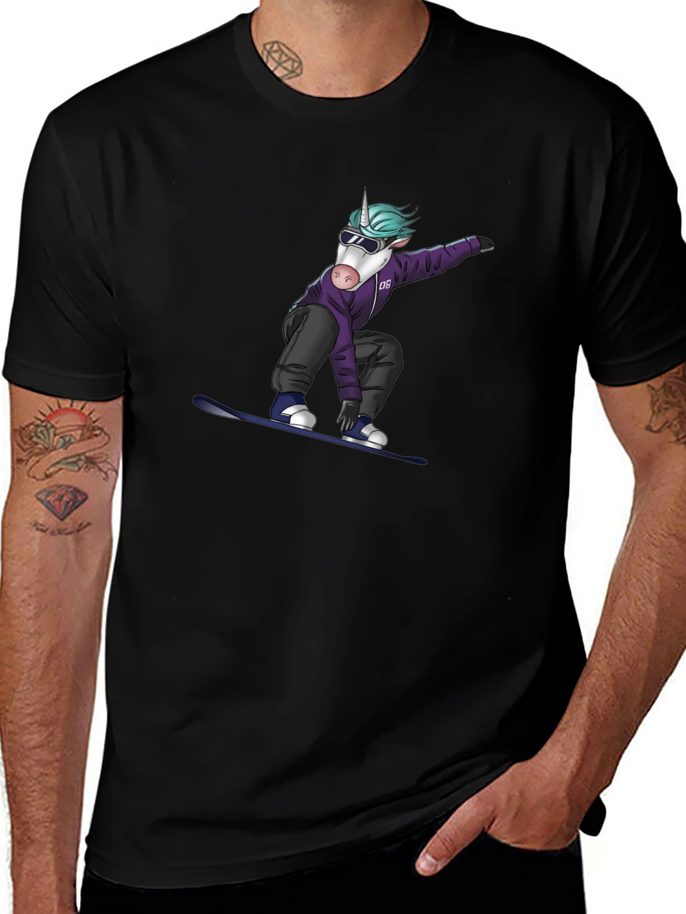 Unicorn Snowboarder Graphic Tee - Black