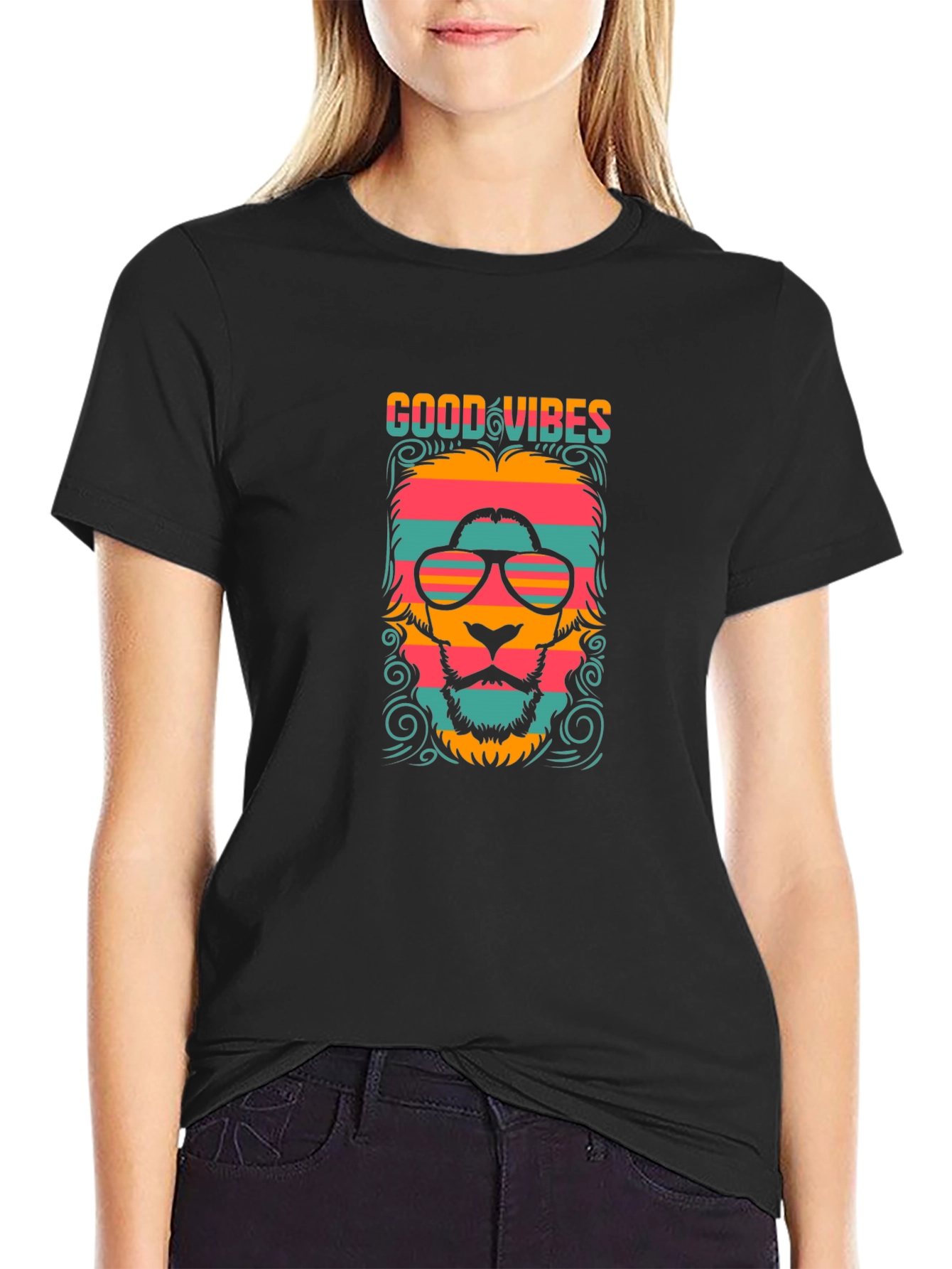 Good Vibes Retro Lion Graphic Tee - Black