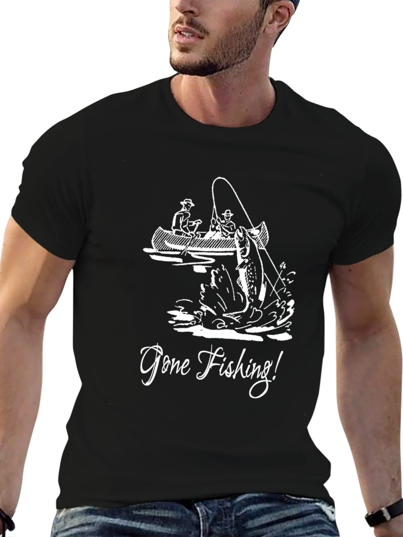 Gone Fishing Graphic Tee - Black Cotton T-Shirt