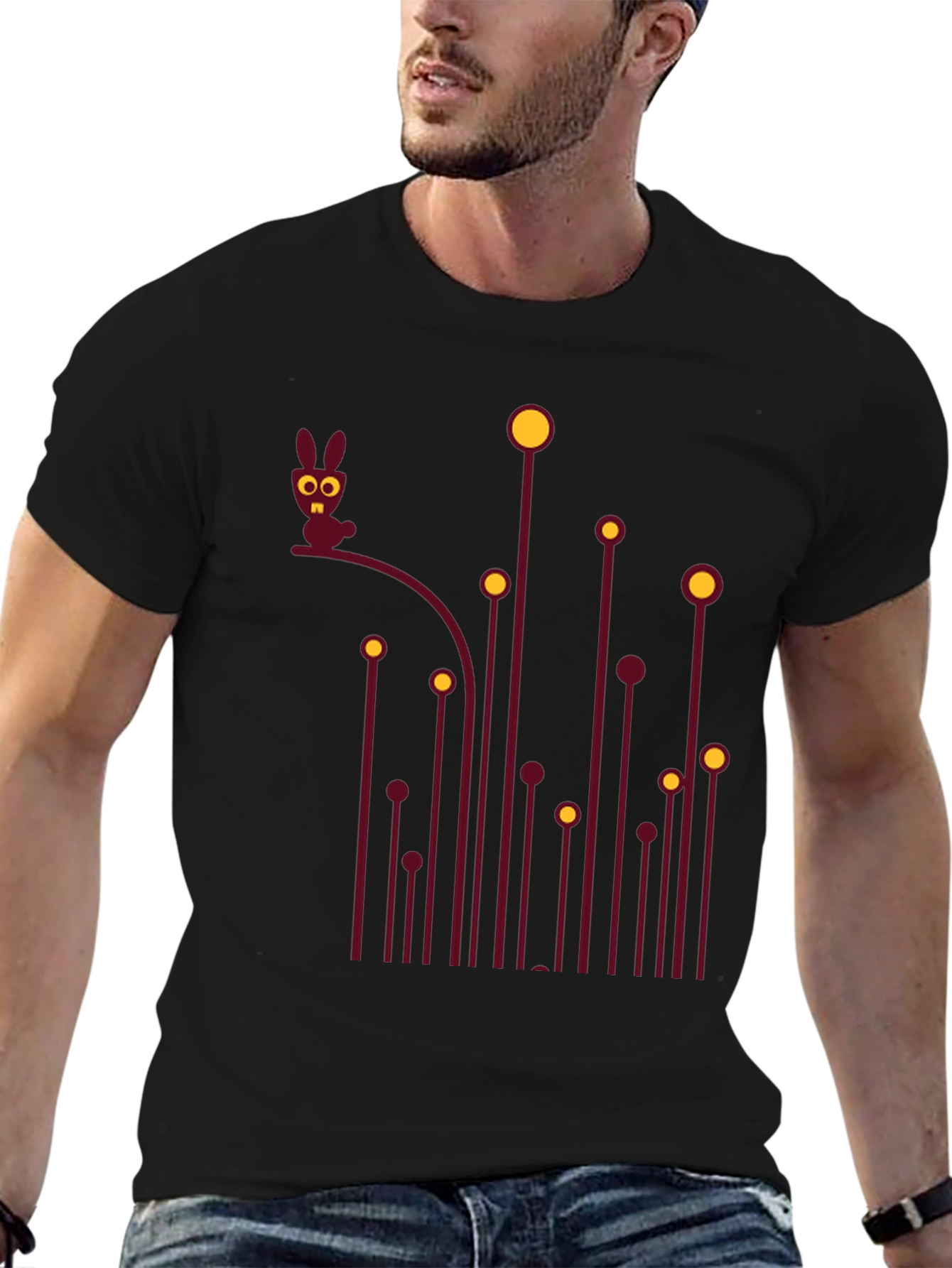 Whimsical Bunny Graphic Tee - Black Cotton T-Shirt
