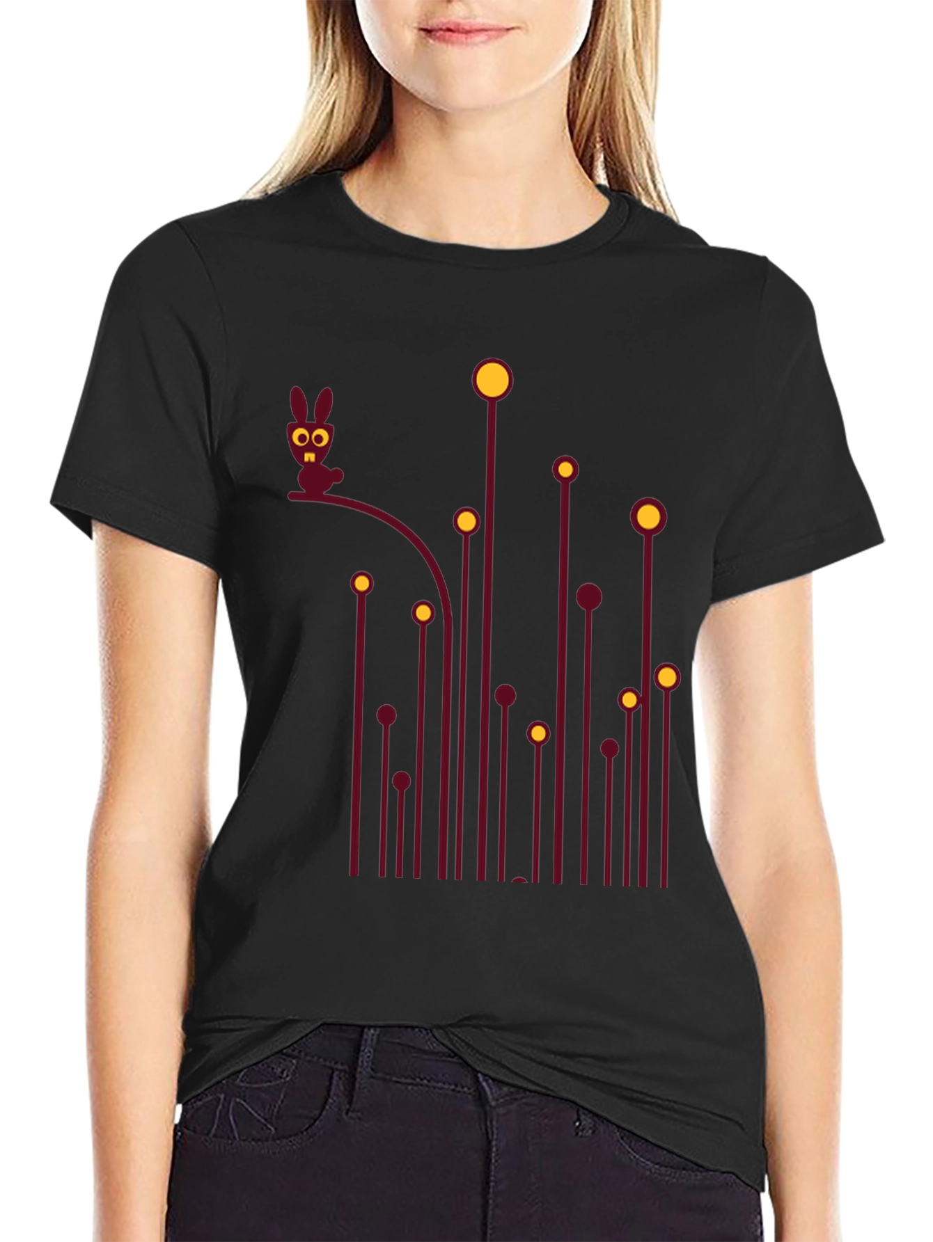 Whimsical Bunny Graphic Tee - Black Cotton T-Shirt