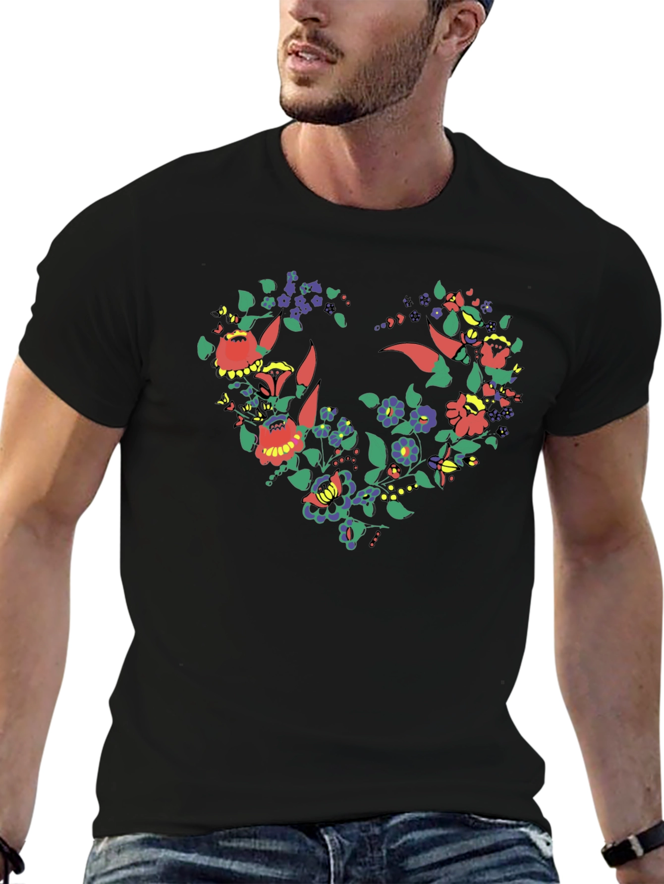 Floral Heart Graphic Tee - Stylish Black T-Shirt