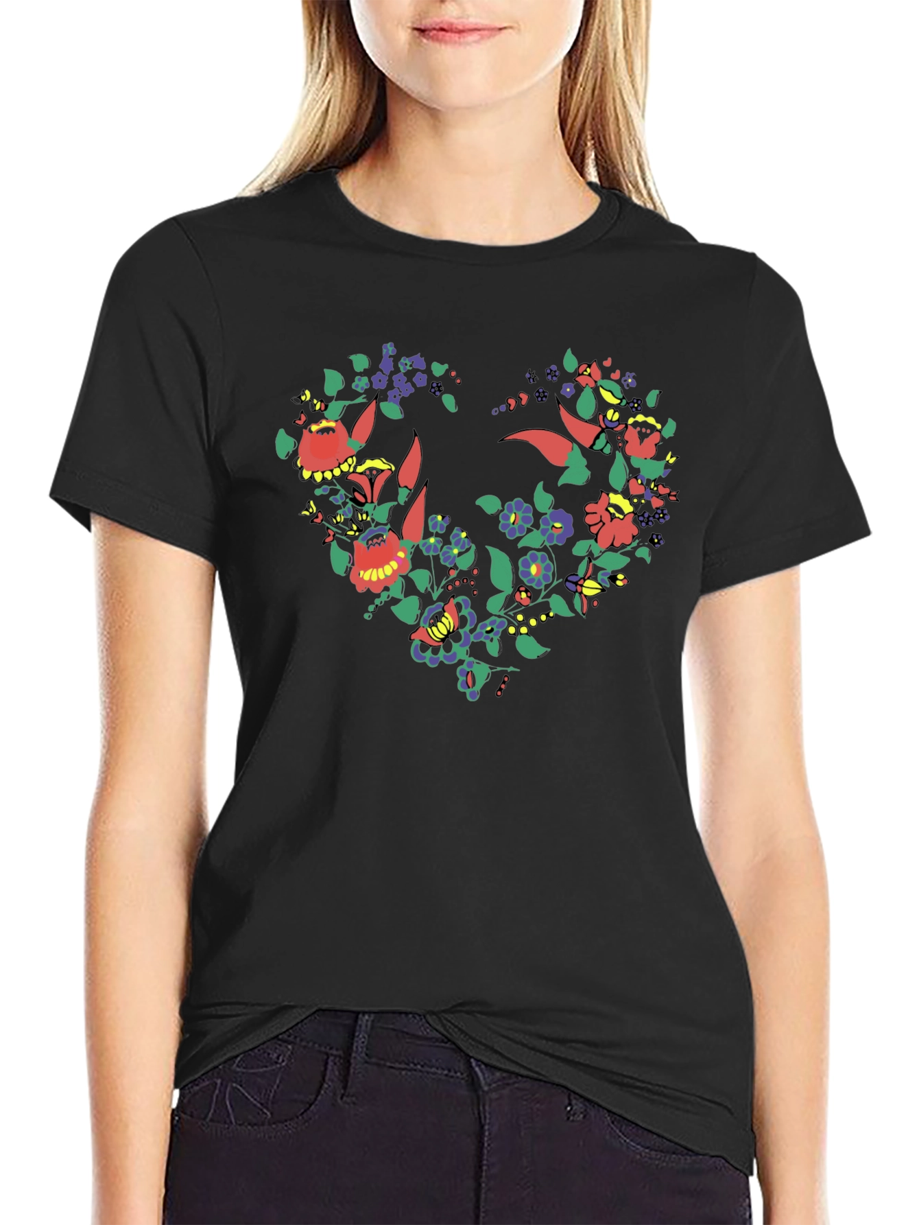 Floral Heart Graphic Tee - Stylish Black T-Shirt