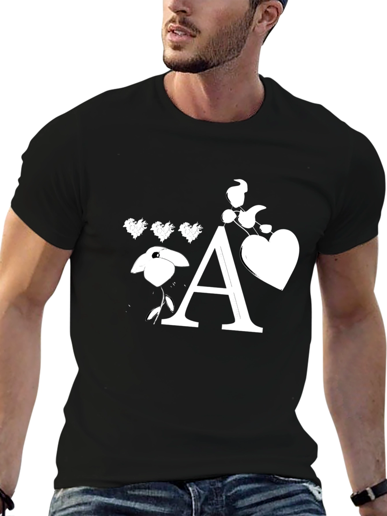 Black T-Shirt with Floral Letter A Design