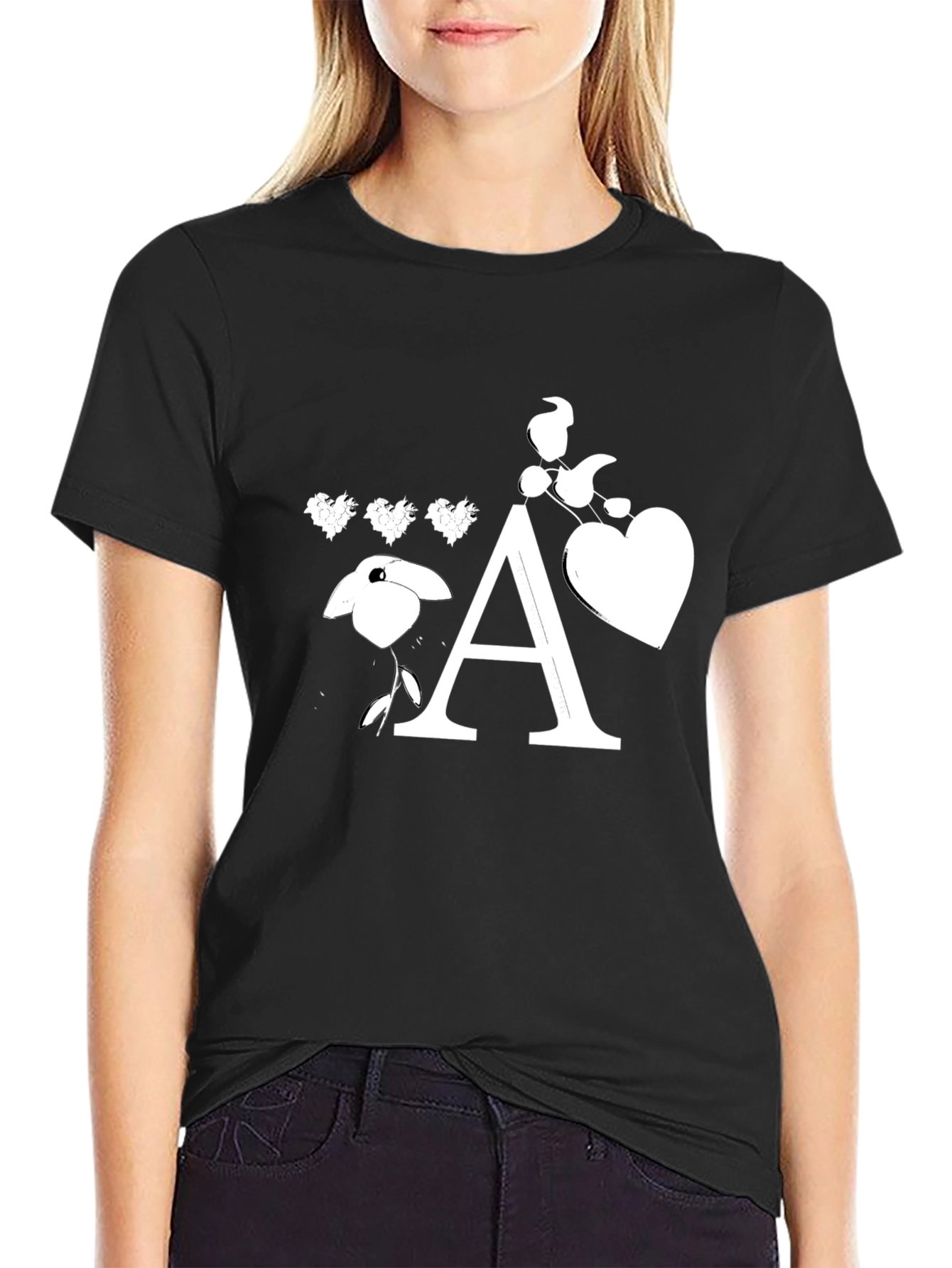 Black T-Shirt with Floral Letter A Design