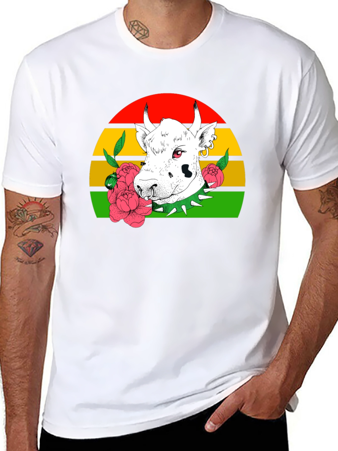 Cow Punk T-Shirt - Striped Sunset Backdrop
