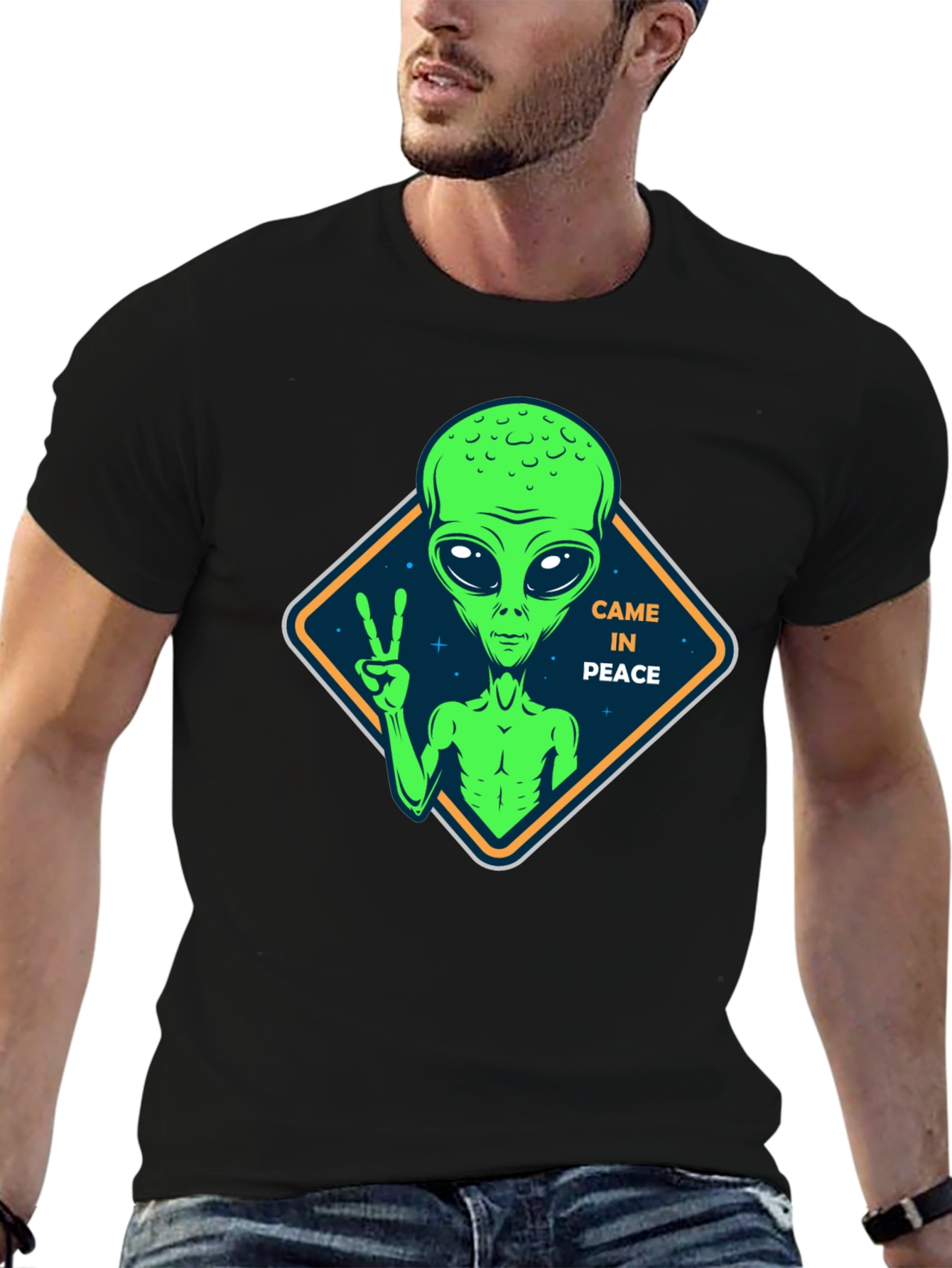 Peaceful Alien Black T-Shirt - Extra Terrestrial Design