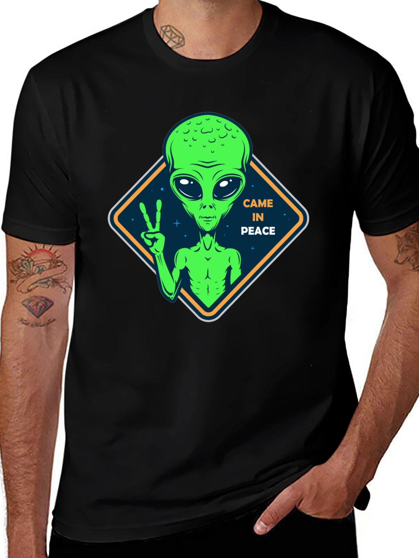 Peaceful Alien Black T-Shirt - Extra Terrestrial Design