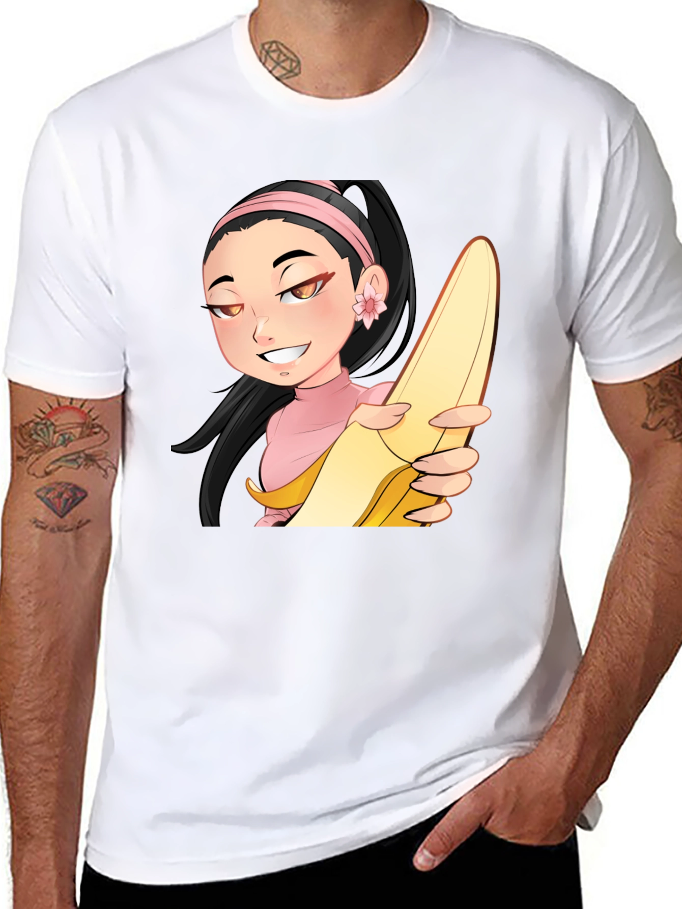 Anime Girl with Banana Black T-Shirt