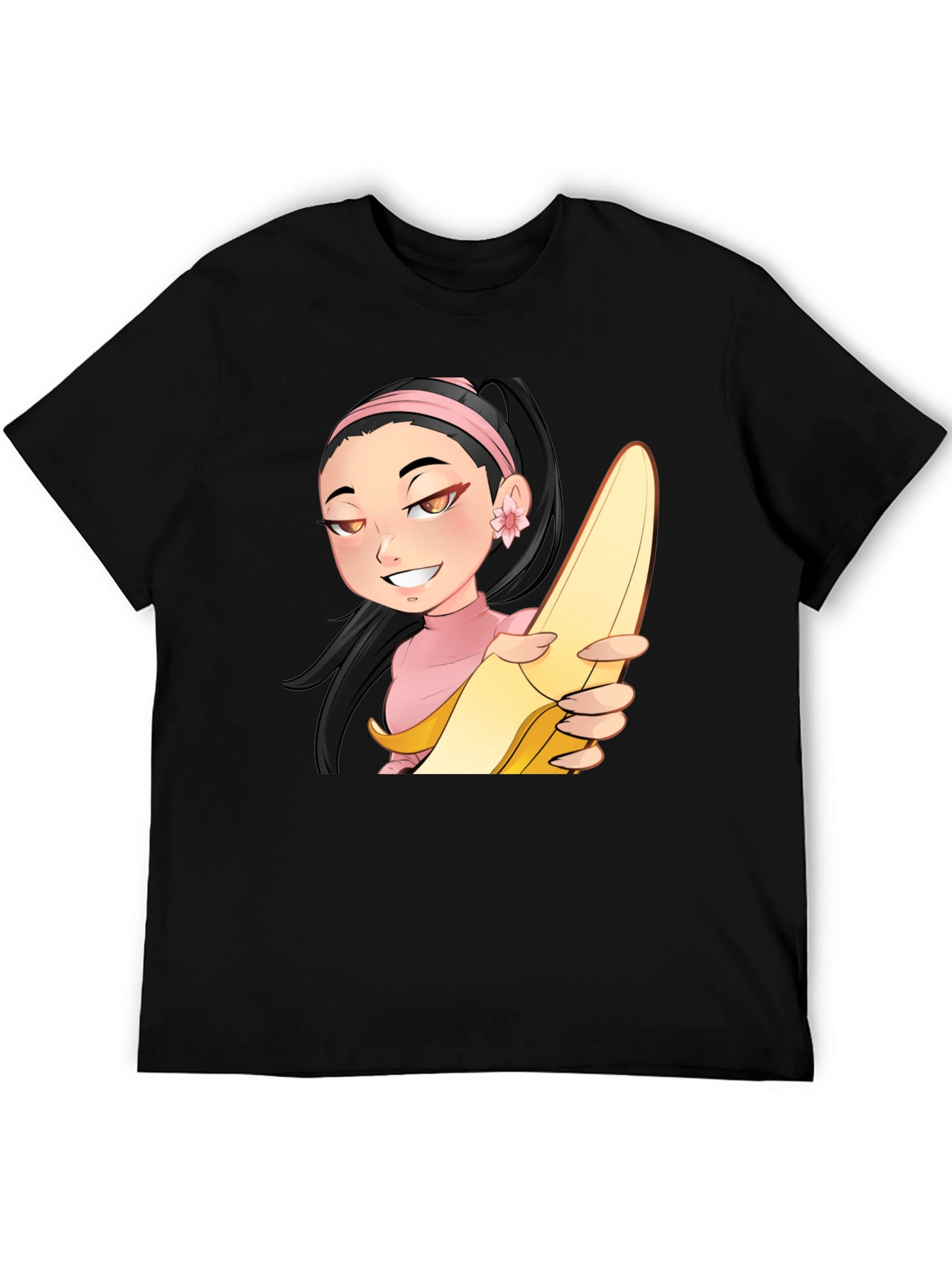 Anime Girl with Banana Black T-Shirt