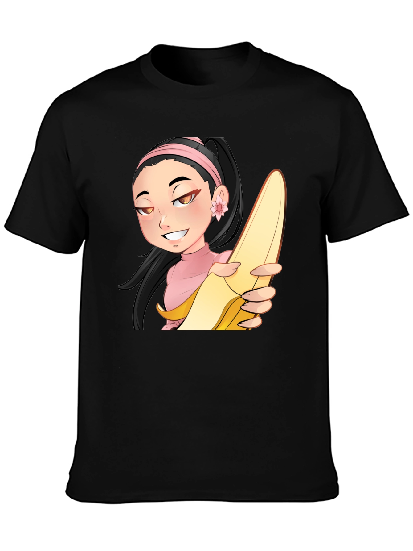 Anime Girl with Banana Black T-Shirt