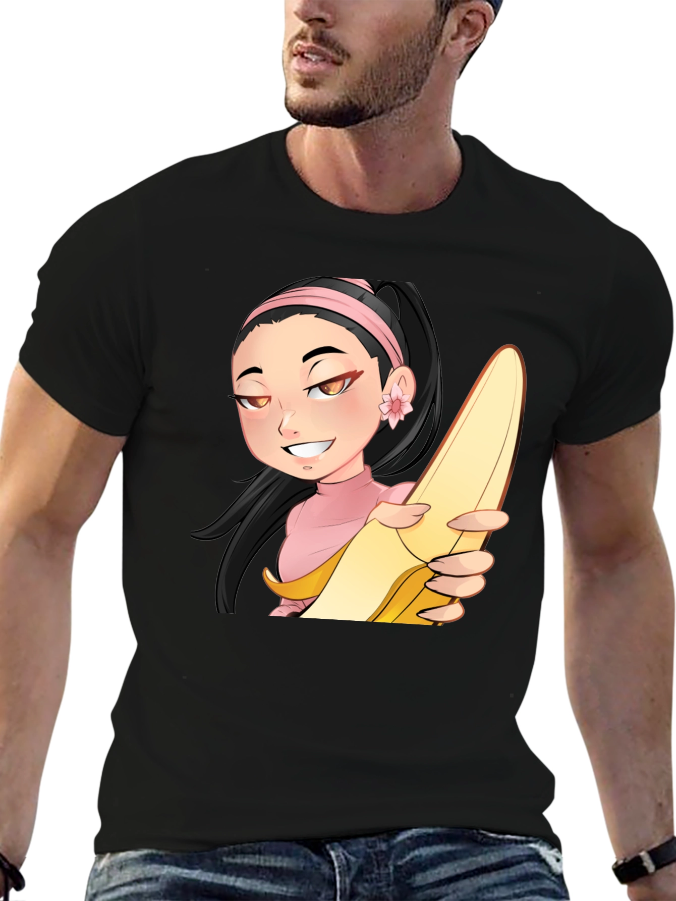 Anime Girl with Banana Black T-Shirt