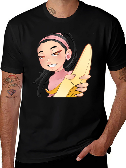 Anime Girl with Banana Black T-Shirt