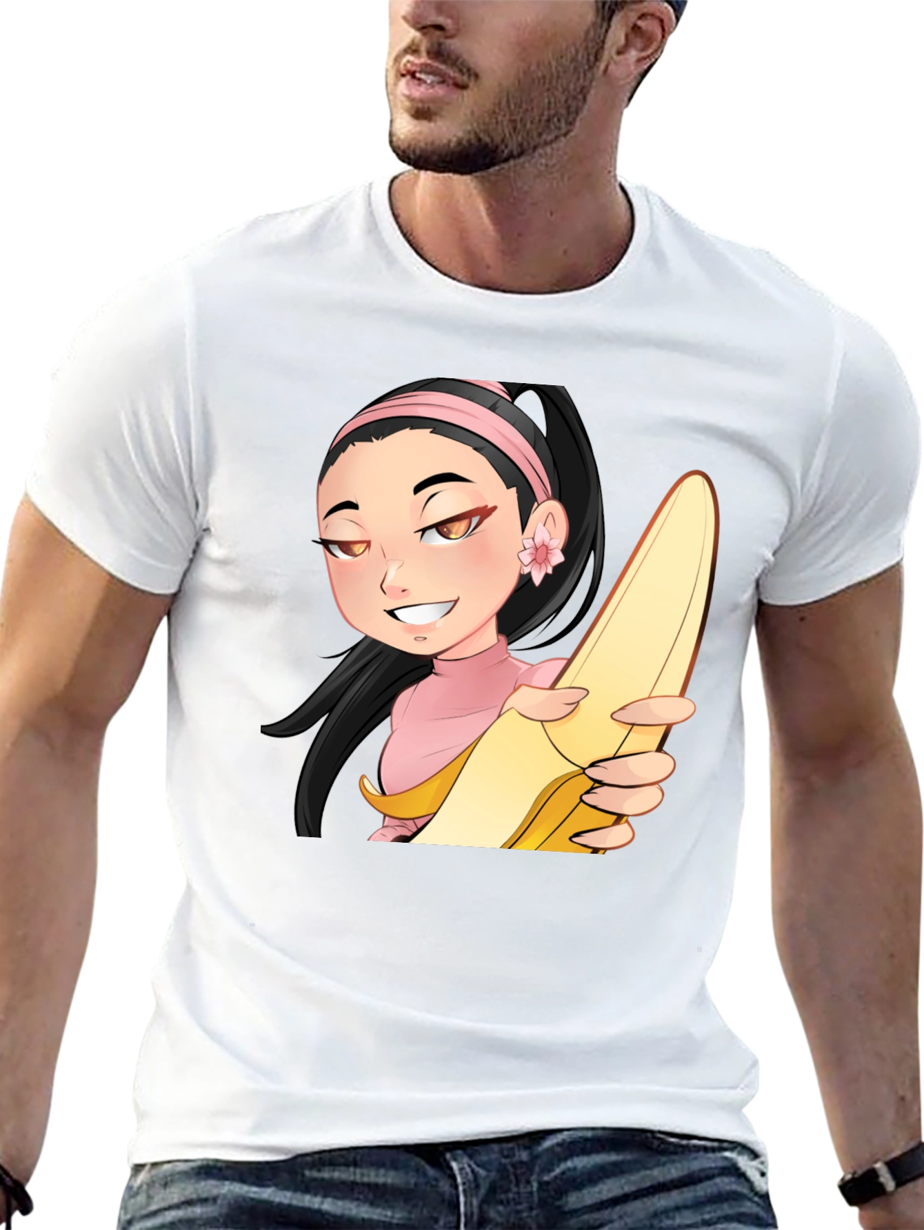 Anime Girl with Banana Black T-Shirt