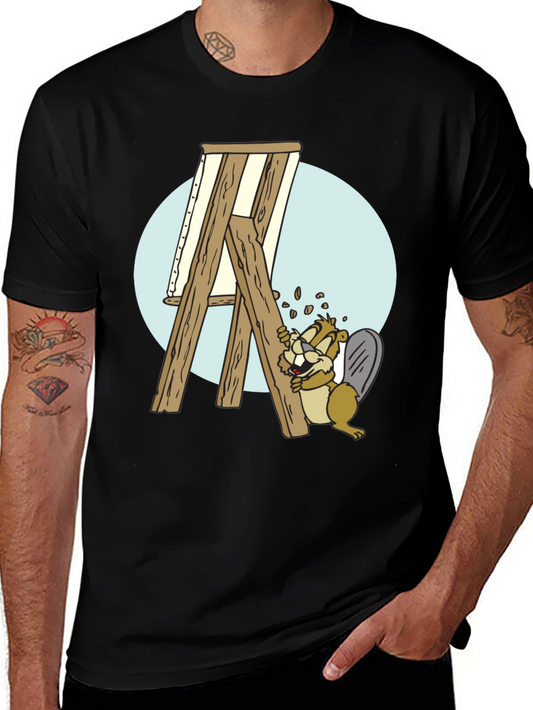 Cartoon Beaver Artist T-Shirt - Black