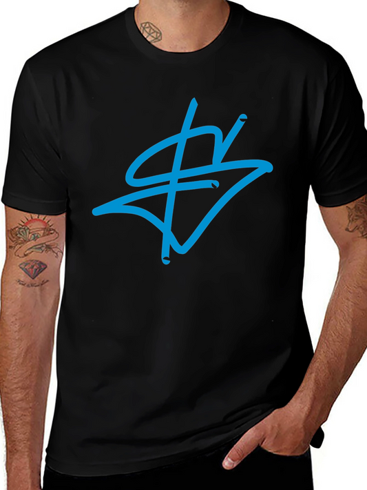 Modern Graphic Tee - Blue Abstract Design on Black Cotton