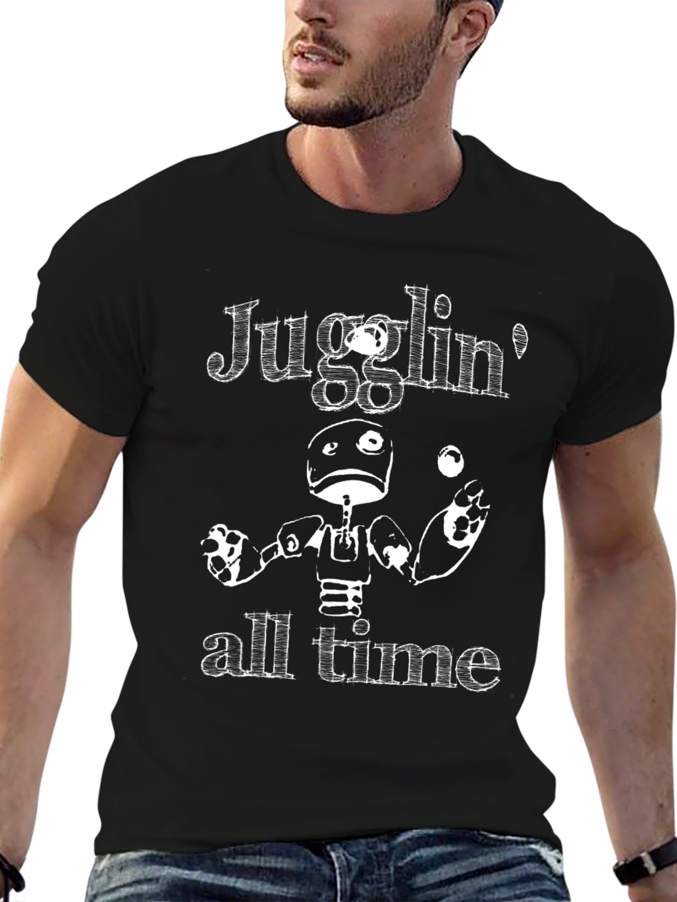 Juggling Robot Graphic Black Tee Shirt