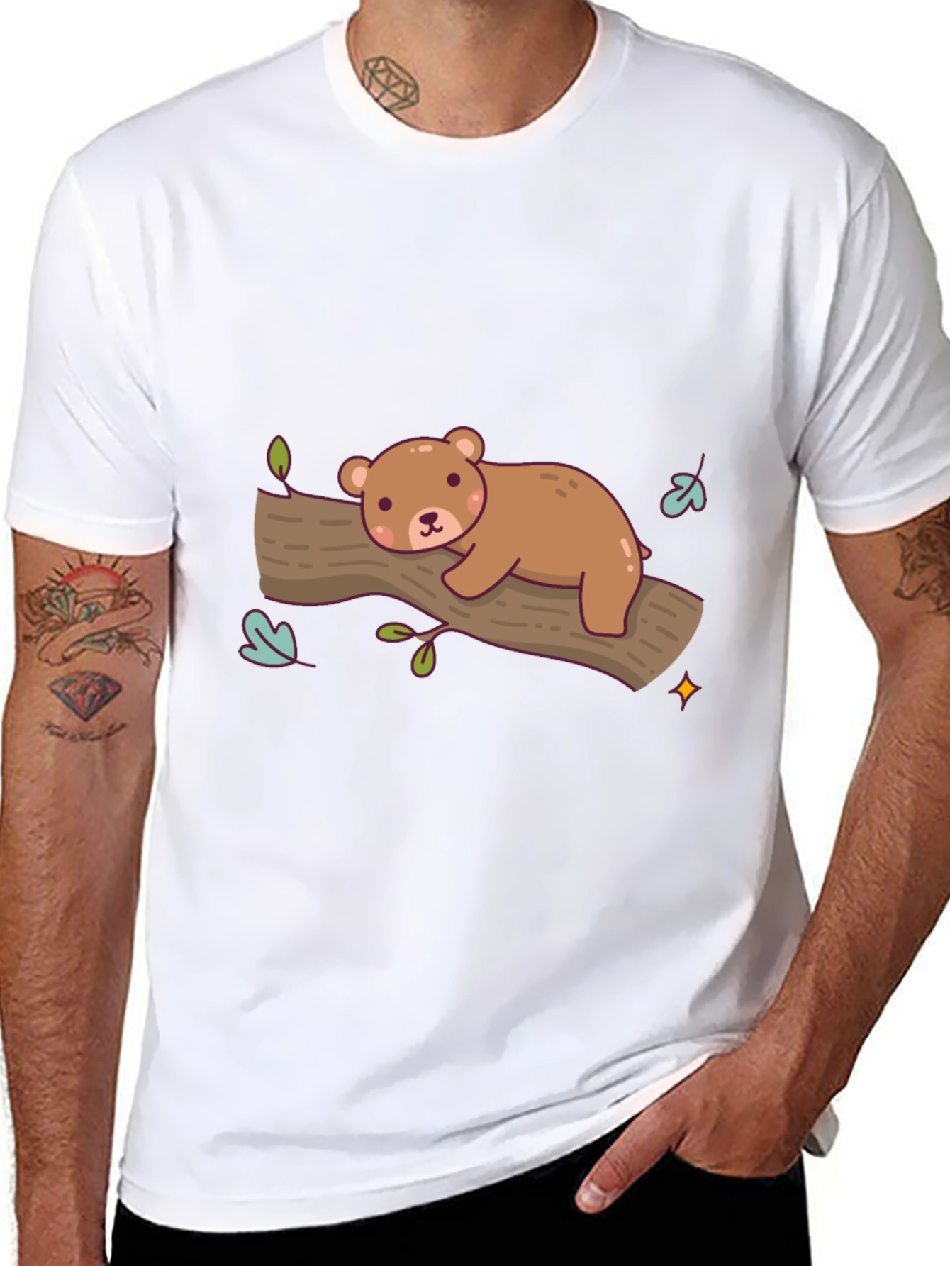 Cute Bear on Branch Graphic T-Shirt - Relaxed Fit