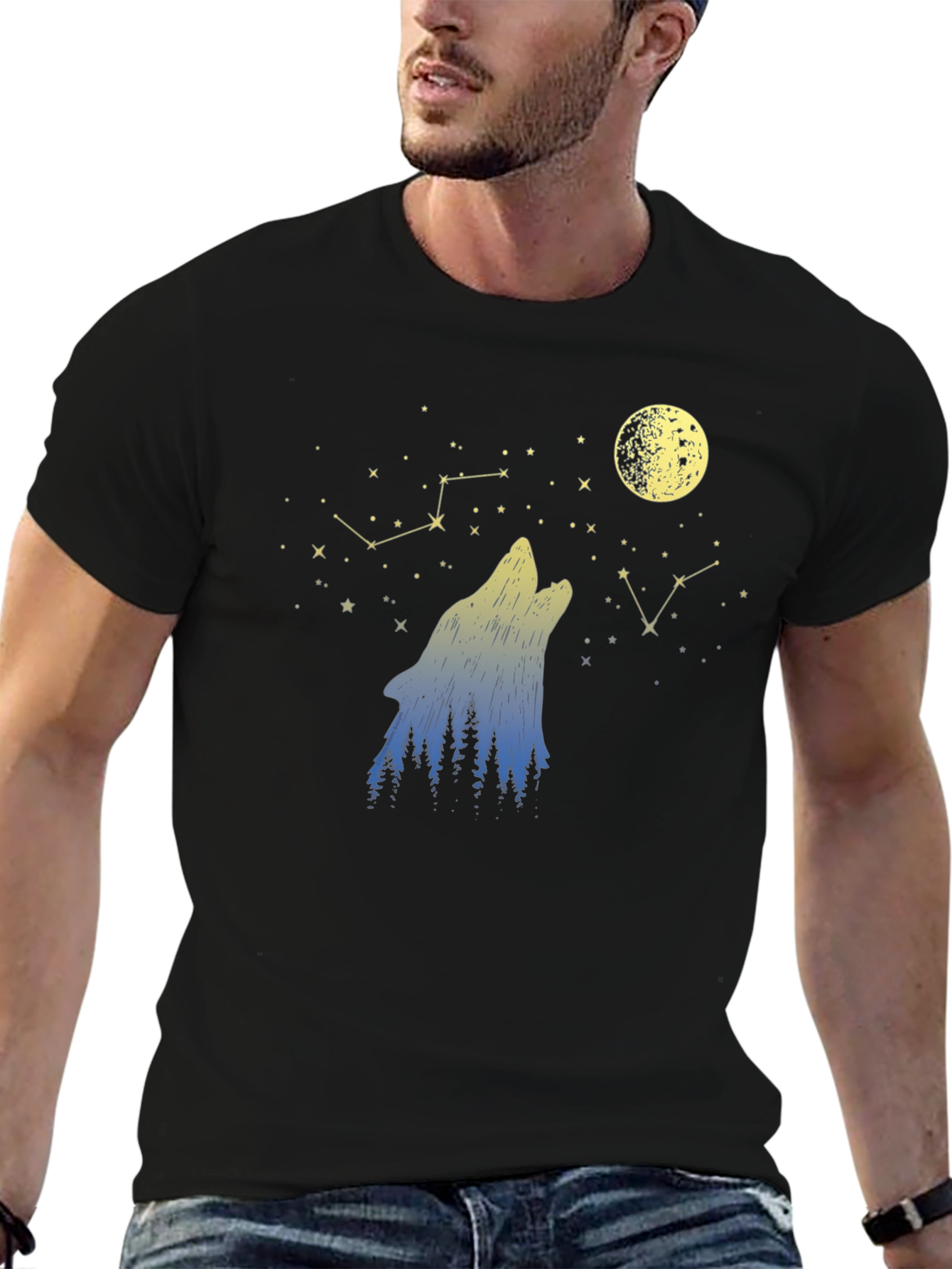 Wolf Moon Stars Black Graphic Tee