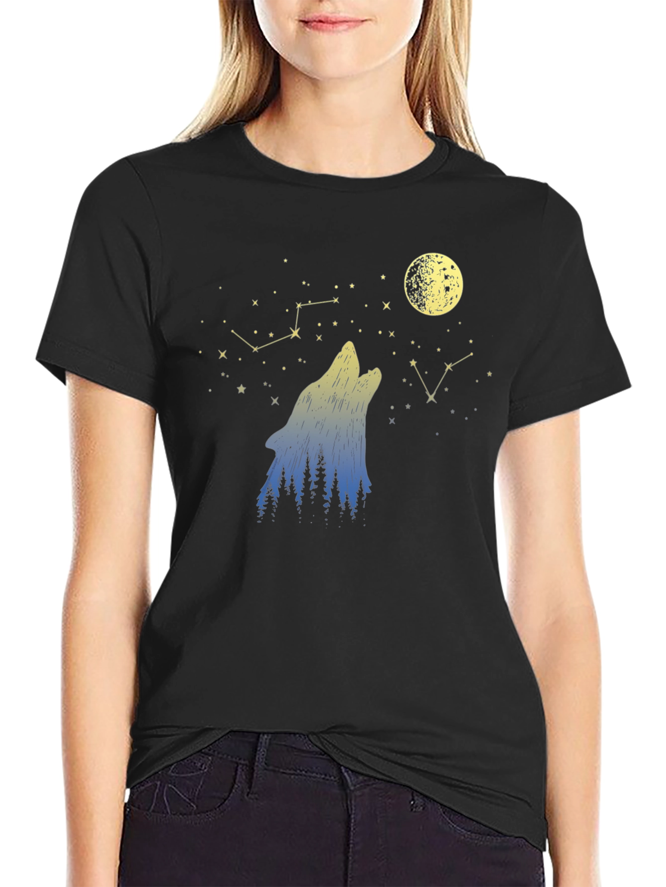 Wolf Moon Stars Black Graphic Tee