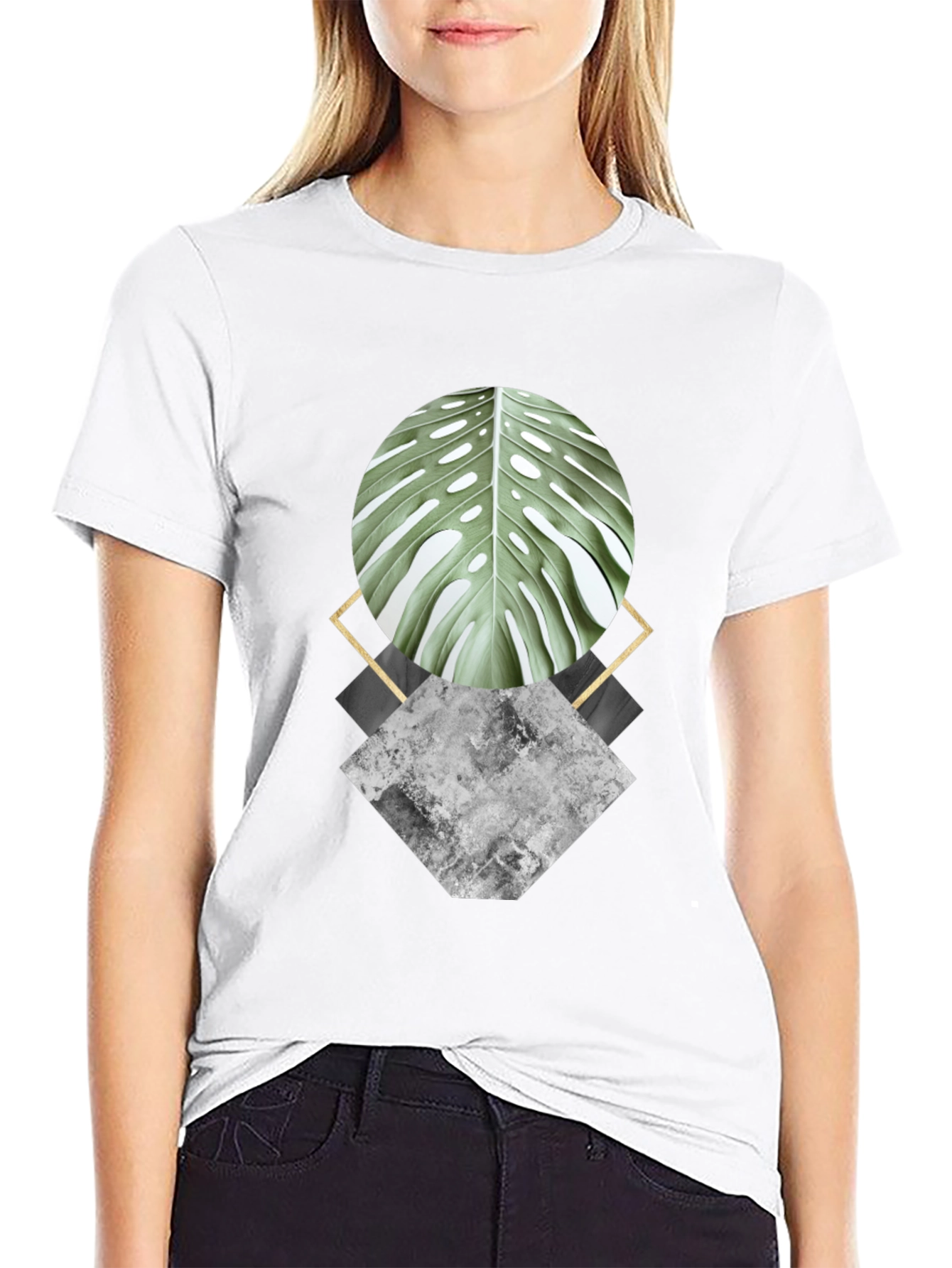 Geometric Leaf Graphic Black T-Shirt