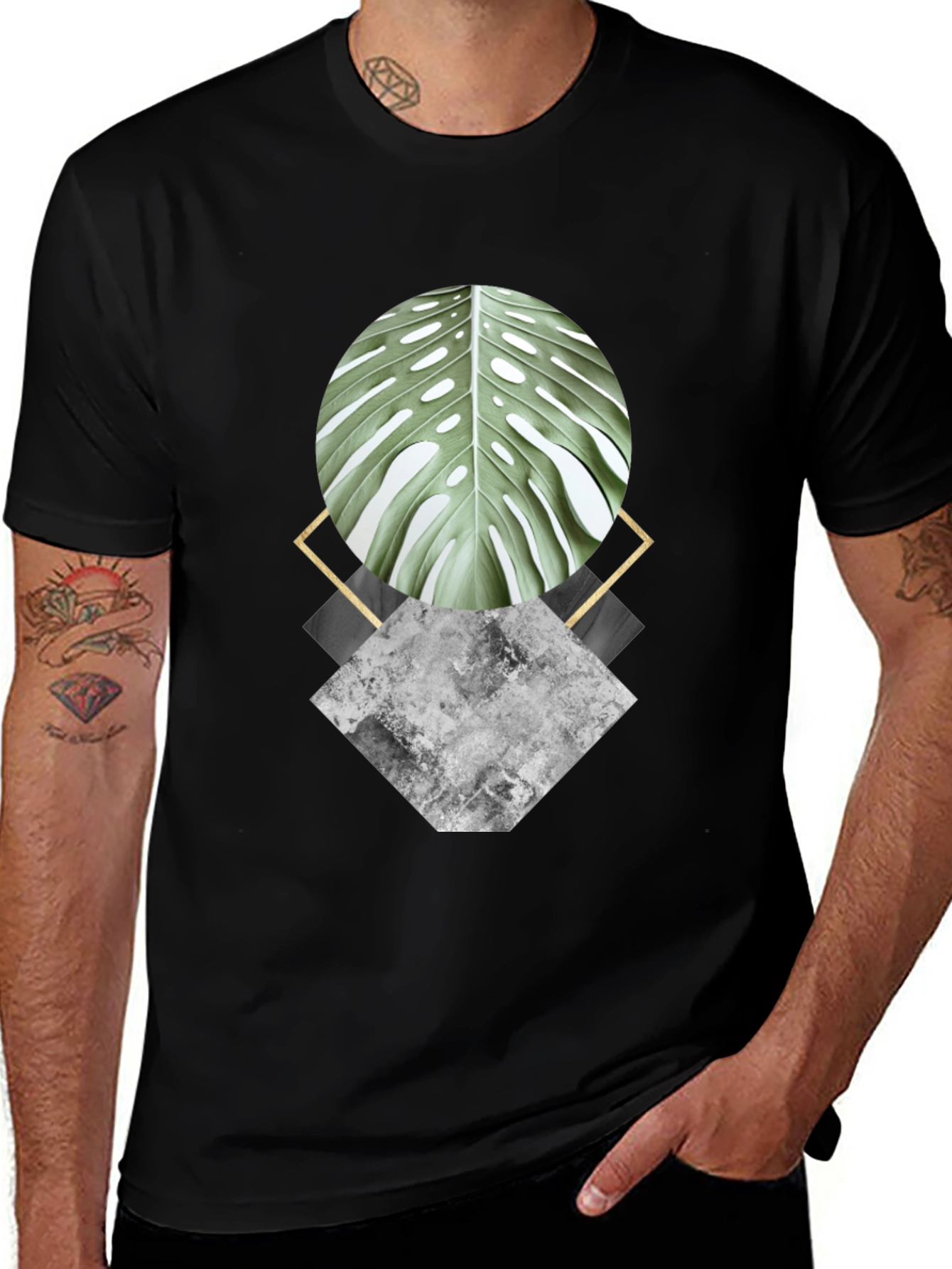 Geometric Leaf Graphic Black T-Shirt