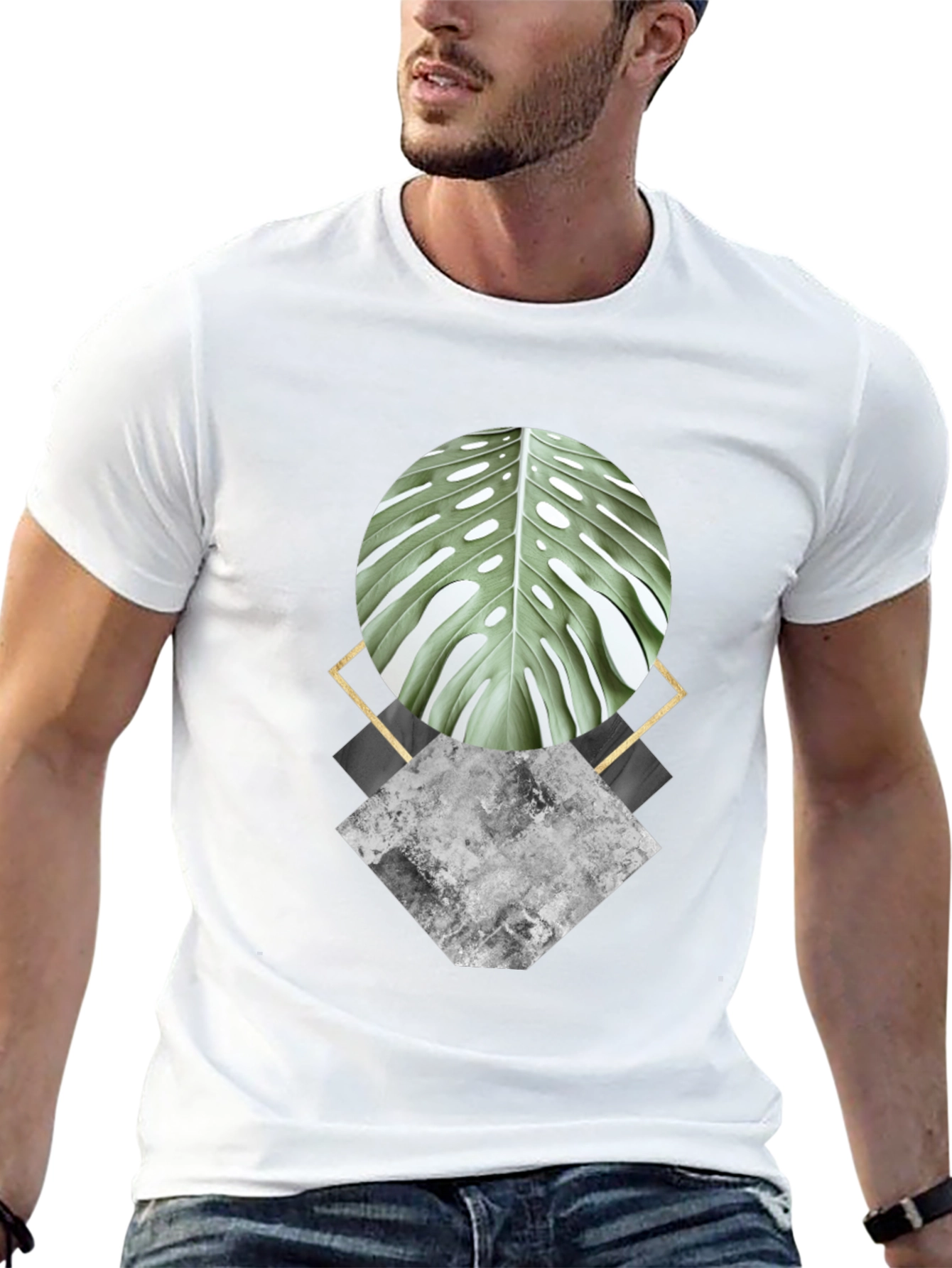Geometric Leaf Graphic Black T-Shirt