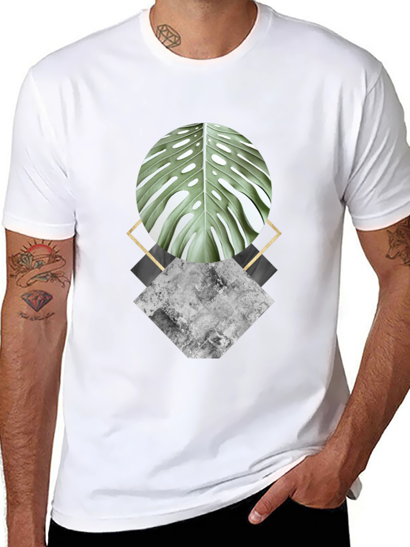Geometric Leaf Graphic Black T-Shirt