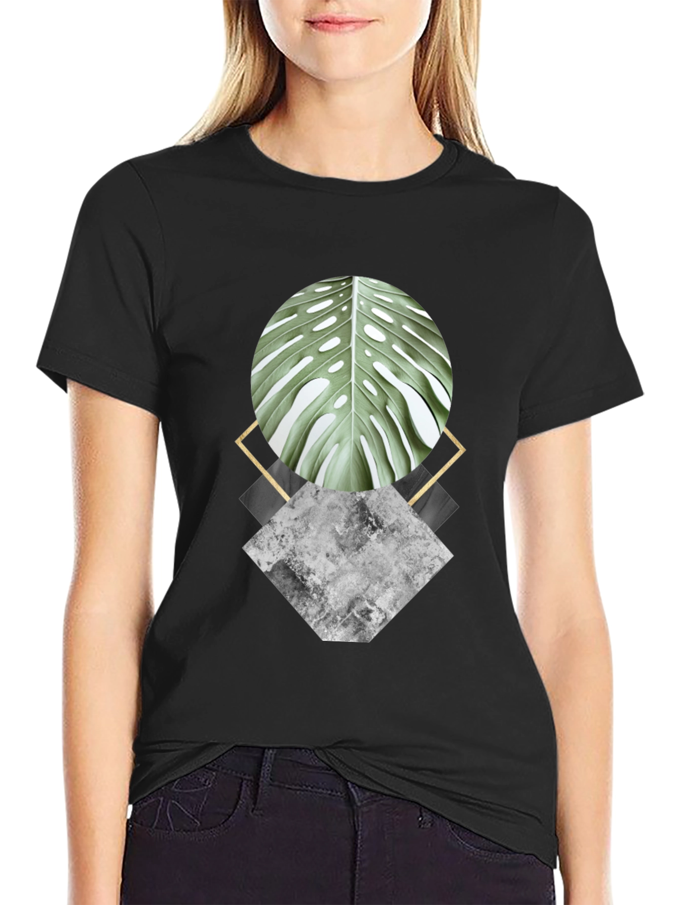 Geometric Leaf Graphic Black T-Shirt