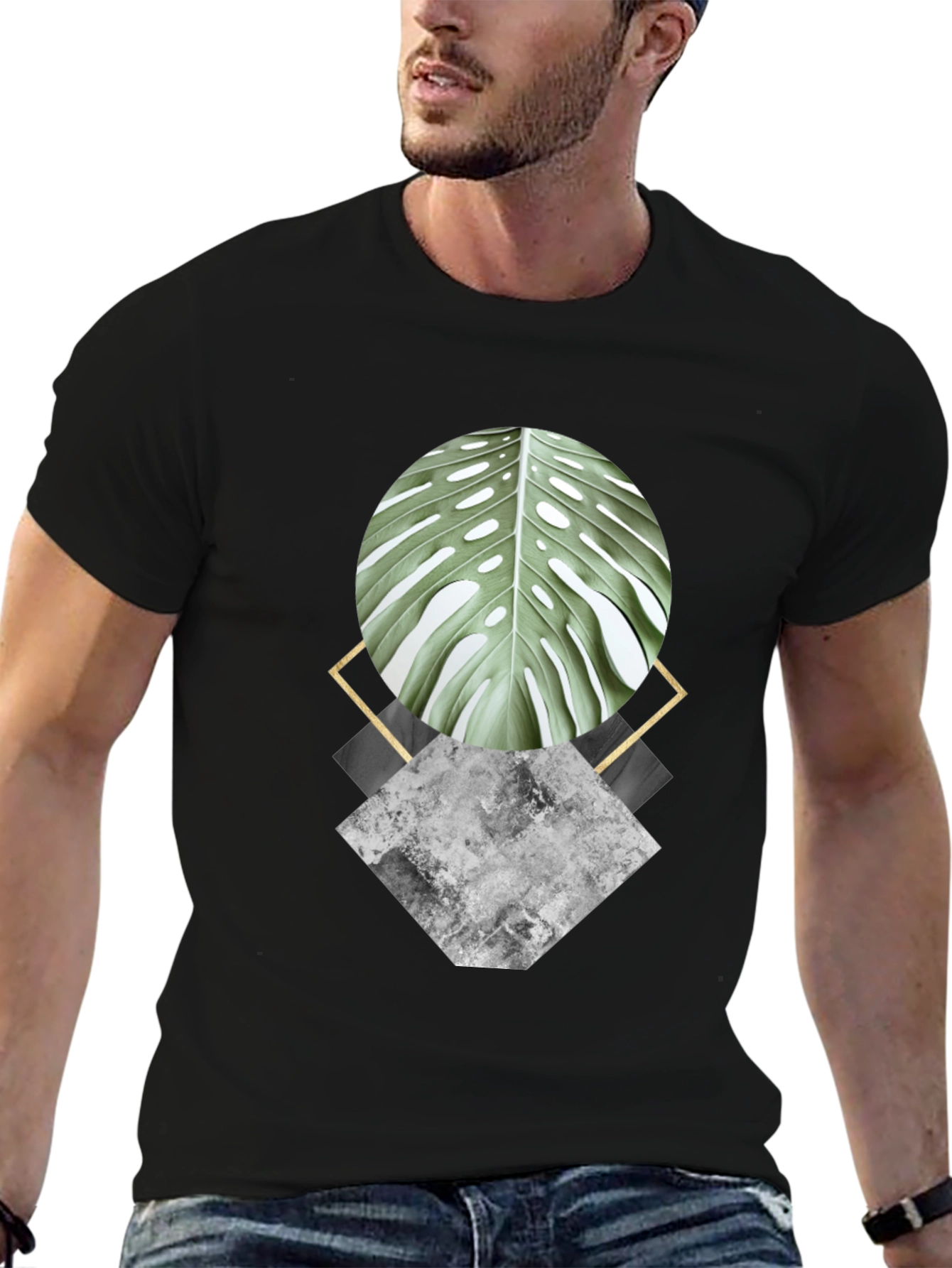 Geometric Leaf Graphic Black T-Shirt