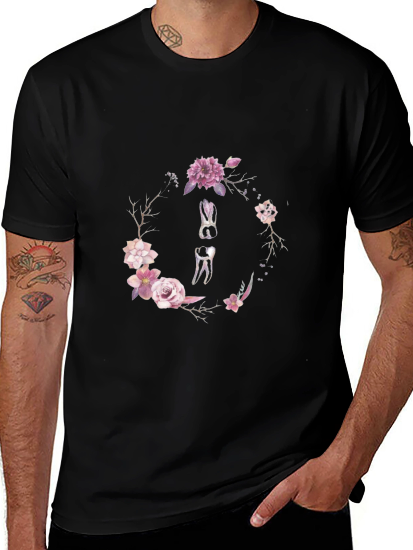 Floral Dental Wreath T-Shirt - Black Cotton Tee
