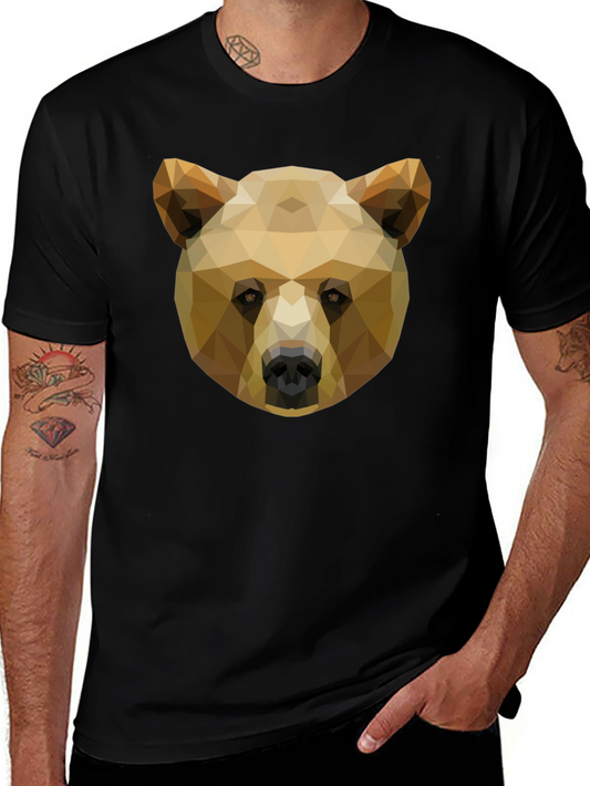 Geometric Bear Graphic Tee - Black Cotton Casual Shirt