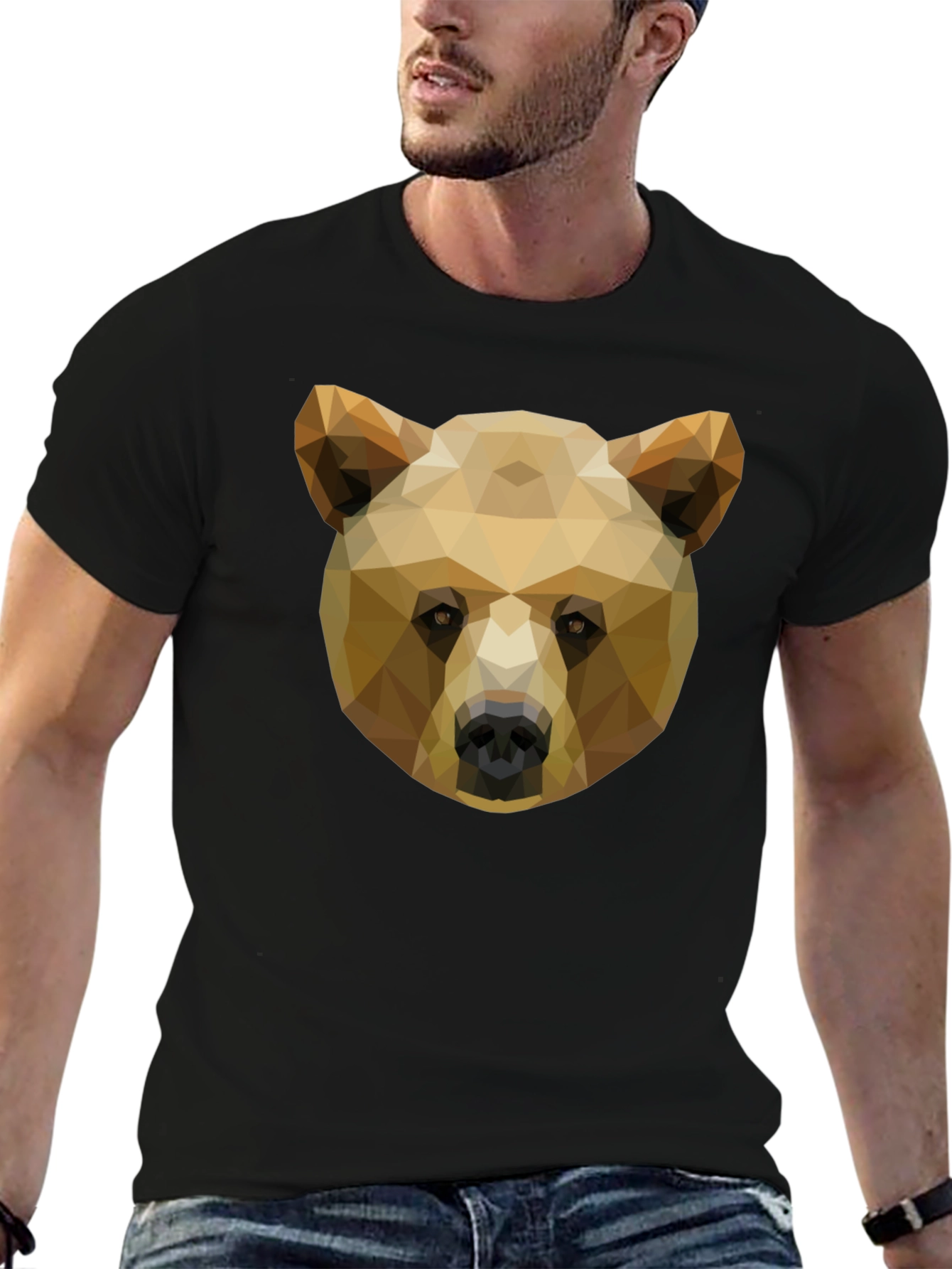 Geometric Bear Graphic Tee - Black Cotton Casual Shirt