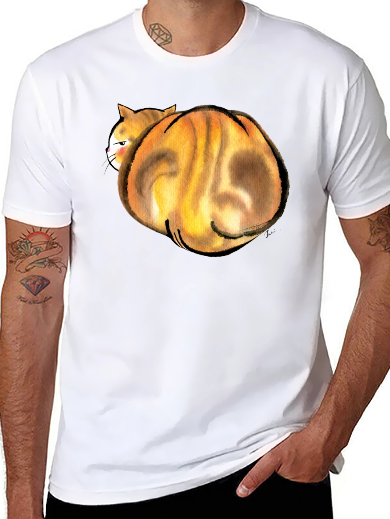 Funny Curled Up Cat Graphic T-Shirt