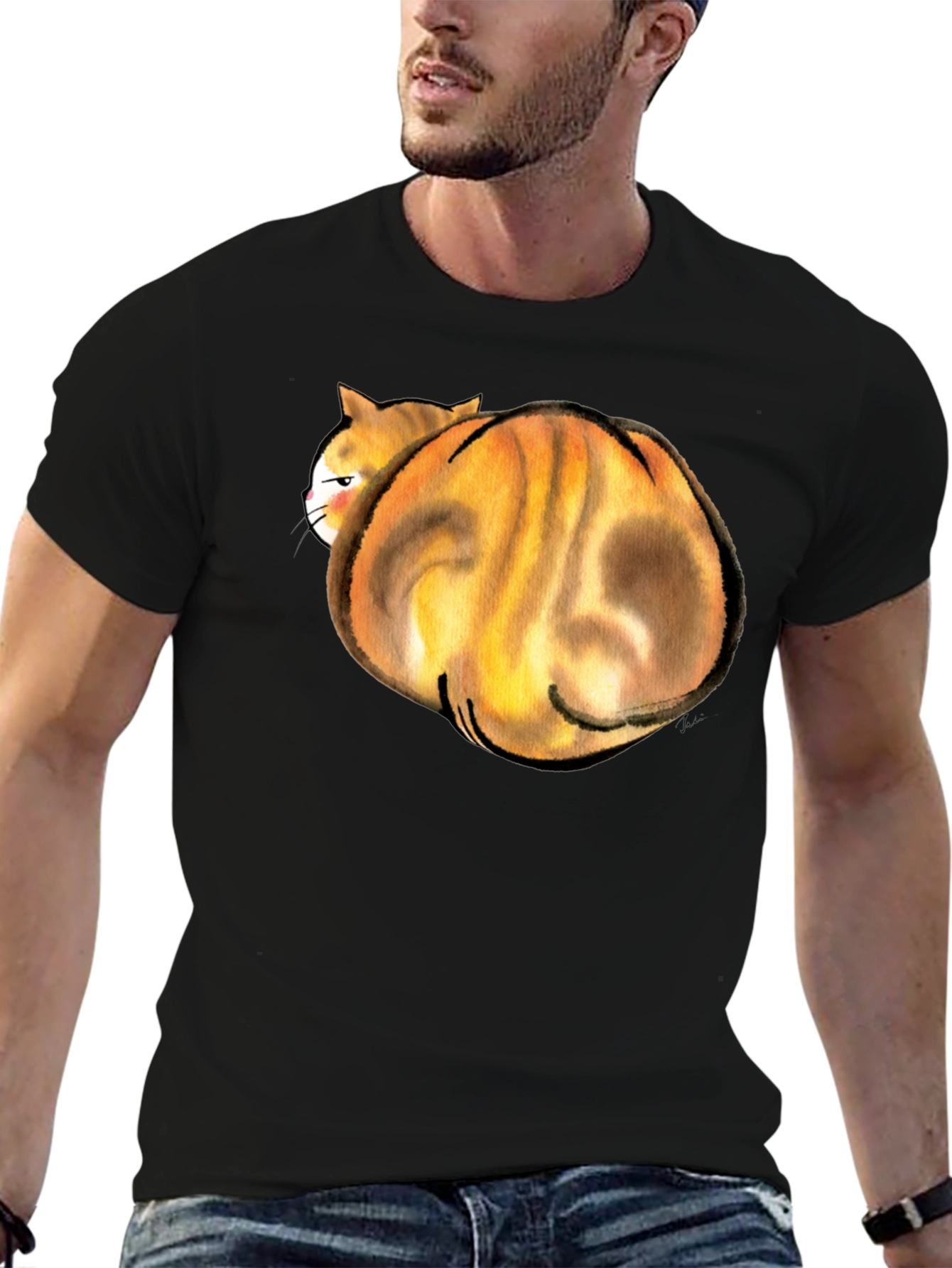 Funny Curled Up Cat Graphic T-Shirt