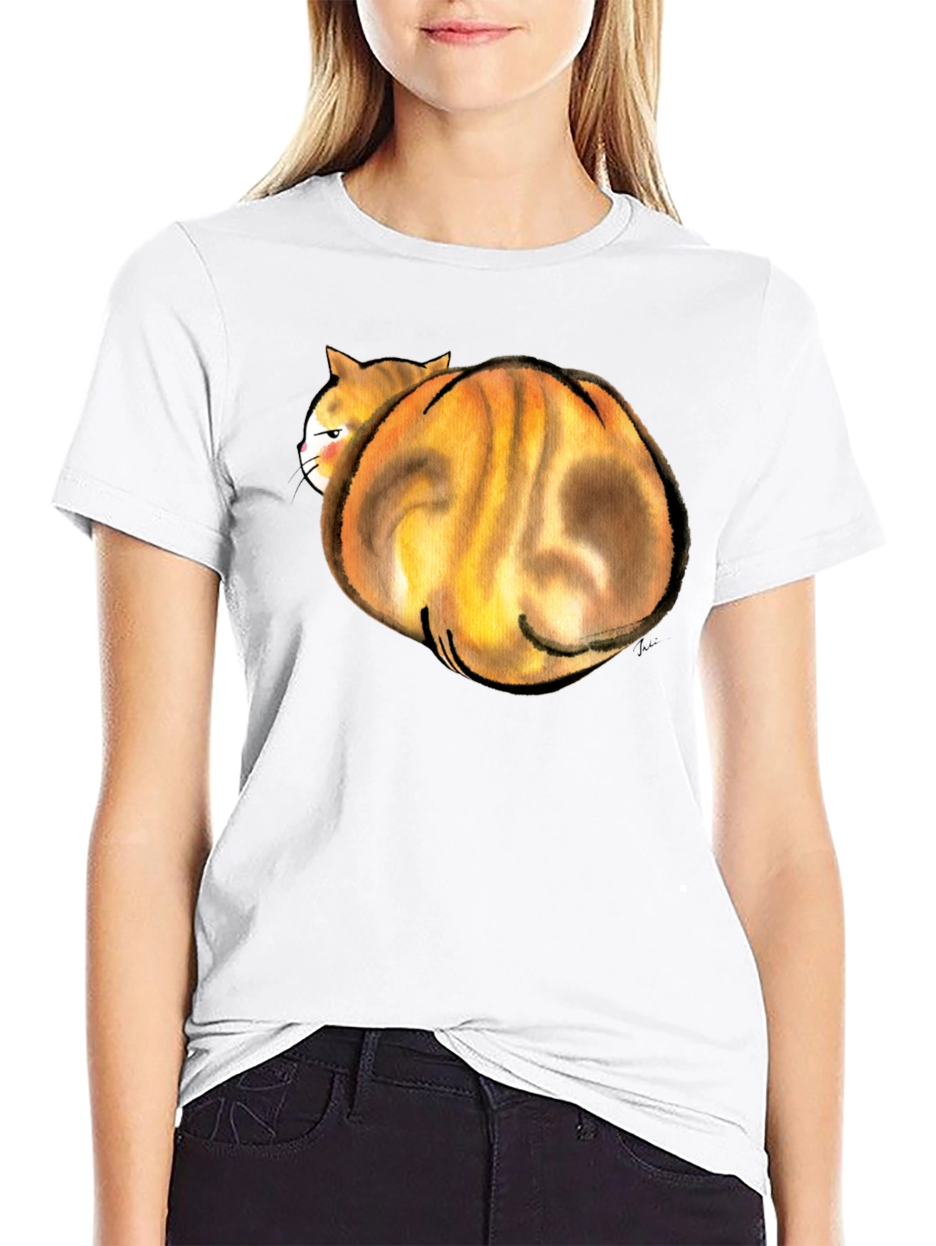 Funny Curled Up Cat Graphic T-Shirt