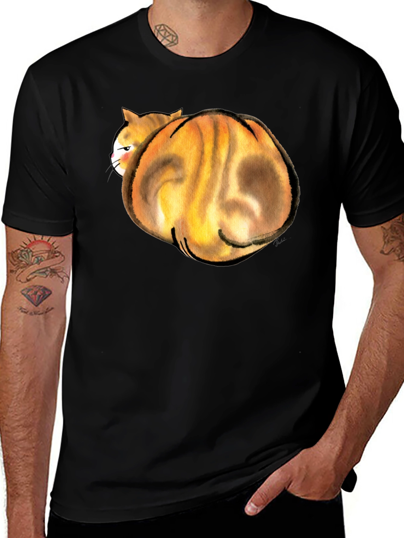 Funny Curled Up Cat Graphic T-Shirt