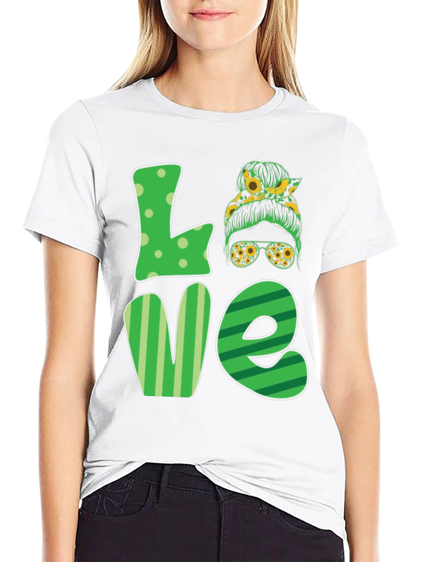 Love Sunflower Messy Bun Womens T-Shirt