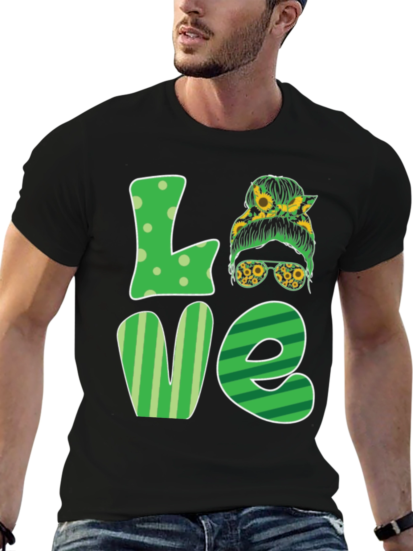 Love Sunflower Messy Bun Womens T-Shirt