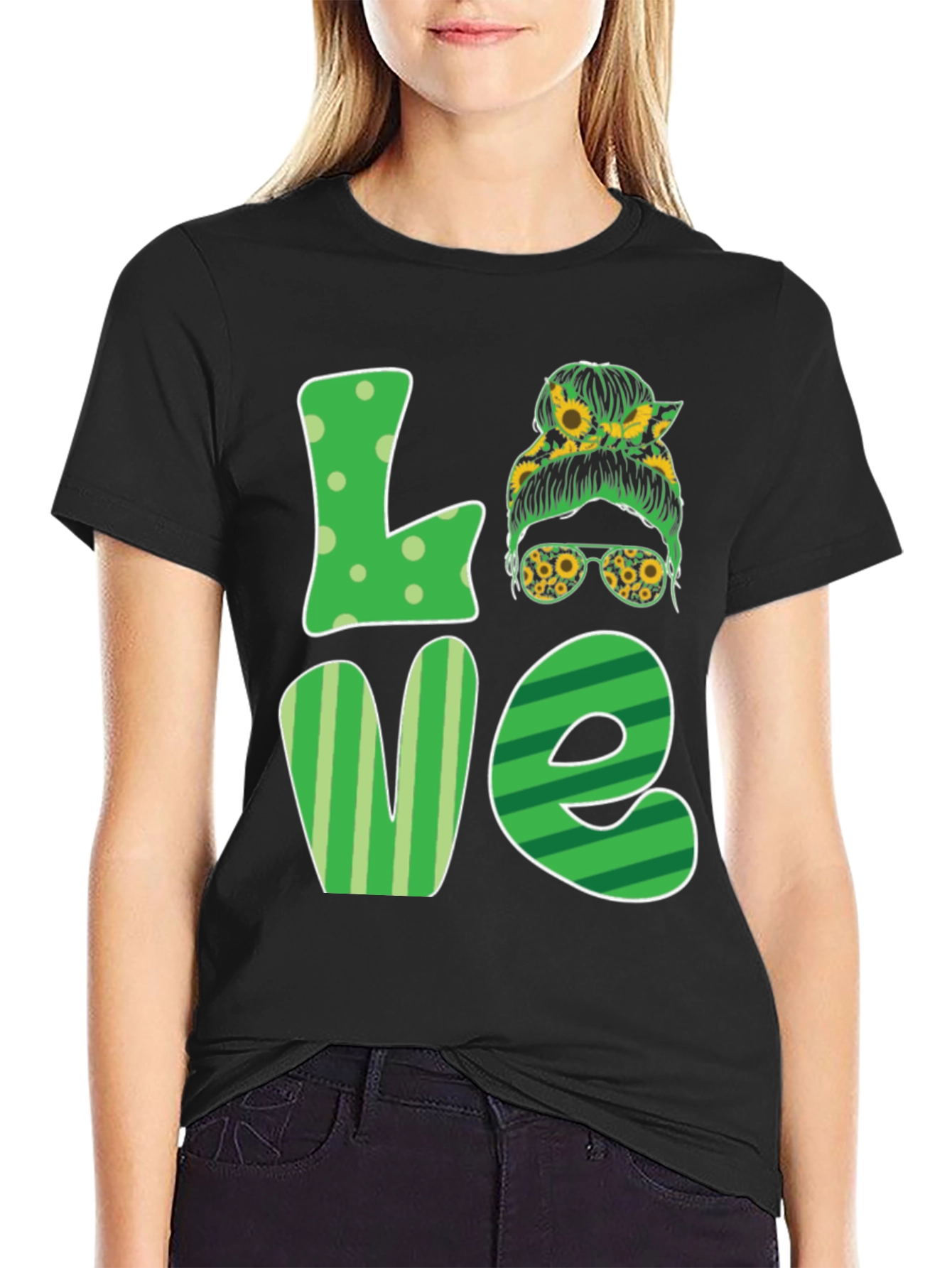 Love Sunflower Messy Bun Womens T-Shirt