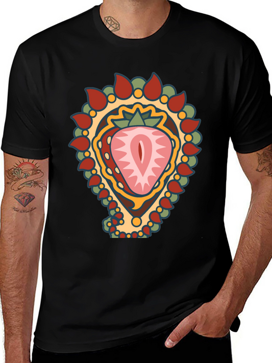 Strawberry Mandala Graphic Tee - Black Cotton Blend