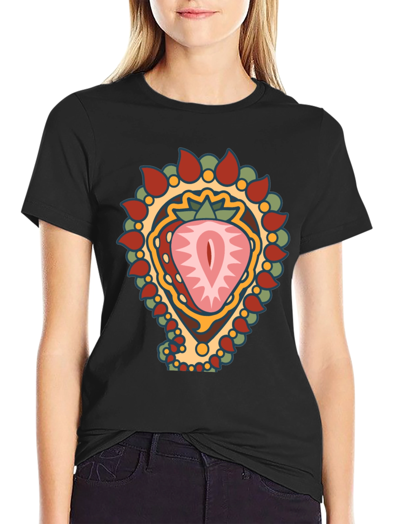 Strawberry Mandala Graphic Tee - Black Cotton Blend